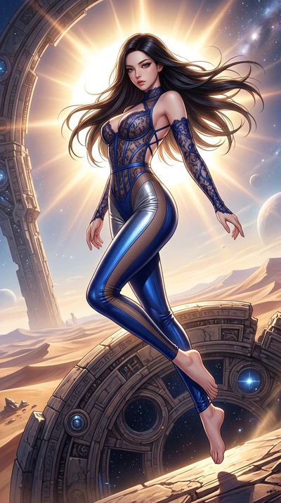 score_9, masterpiece, best quality, ultra-detailed, high-budget anime keyframe, semi-realistic 3D game render, editorial fashion photography, tasteful artistic composition, Korean woman. low angle full-body shot from head to toe showing her feet, fil