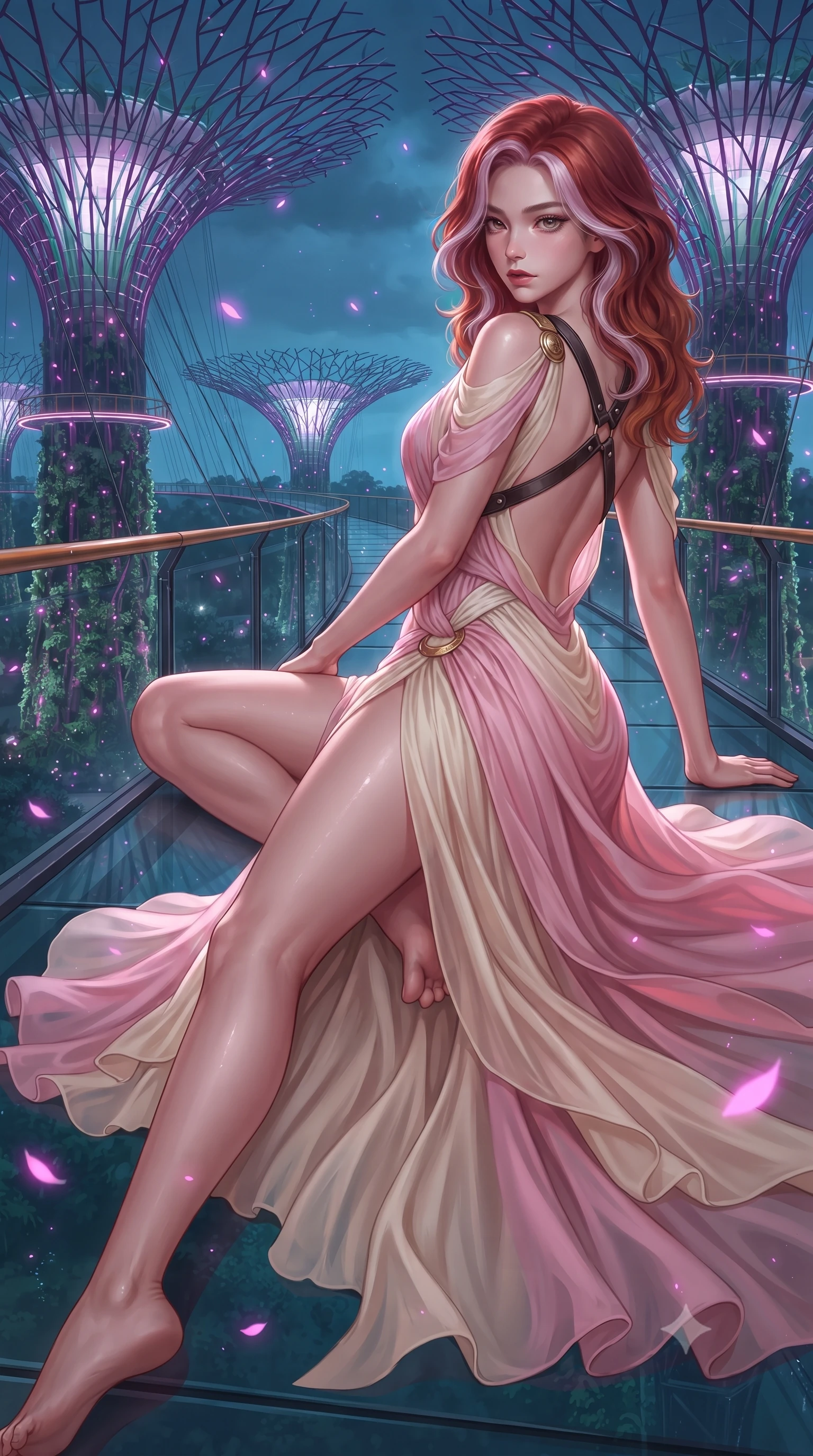 score_9, masterpiece, best quality, ultra-detailed, high-budget anime keyframe, editorial fashion photography, tasteful artistic composition, Caucasian woman. low angle full-body shot from head to toe showing her feet, filling the entire 9:16 vertical frame with her statuesque presence, stretching her vertical silhouette. reclining on her side in an elegant Cleopatra pose with one knee drawn up, the dramatic contour of her rounded hips and long slender legs commanding the 9:16 vertical frame while striding along the elevated glass skyway woven between giant glowing biomimetic supertrees, arching her back as luminous magenta spores drift through the humid evening air. The surrounding environment is rendered in vivid detail and crisp panoramic clarity. sharp carbon-fiber skyway trusses, transparent acrylic floor seams, and biomimetic vine textures in deep focus. She has an exceptionally tall and slender model-like 8.5-heads proportion, an ultra-slim waist, a flat toned midriff, narrow delicate ribcage, and beautifully sculpted feminine hips creating a graceful, slim hourglass silhouette without any bulky heaviness, with impossibly long slender legs. sharp v-shaped jawline, high-bridge nose, intricate jewel-like eyes with depth, thick eyelashes, glossy parted lips with a natural sheen, intensely captivating and seductive bedroom-eyes expression, flawlessly proportioned anatomical accuracy, strict slender model proportions, natural body alignment, perfectly sculpted long slender limbs, ultra-slim waistline, clean dynamic posture without body distortion. wearing a high-slit Grecian goddess draped gown with asymmetrical gold shoulder clasps and hip gathering in sakura blossom pink and warm ivory, woven from layered gossamer chiffon with a weightless sweeping drape, featuring an open-back criss-cross harness strap in dark leather, the dramatically scooped open back descending to the base of her spine, accentuating her razor-sharp statuesque lines and slim hourglass silhouette. illuminated by wet glass specular reflections sculpting her razor-sharp jawline, narrow waist, and curvy hips. ultra-reflective glossy finish, specular highlights, rich textural contrasts, high-contrast stereoscopic depth, volumetric dynamic lighting, 2k, ultra detail, master piece, 9:16 ratio
