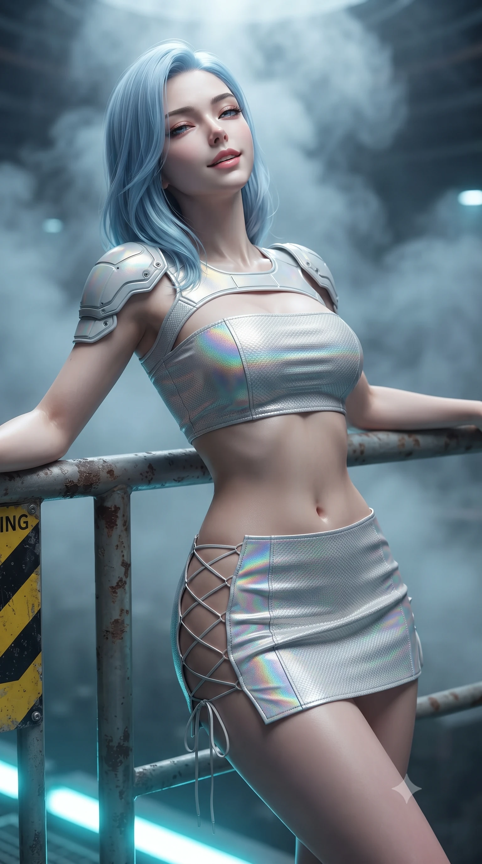 score_9, masterpiece, best quality, ultra-detailed, high-budget anime keyframe, editorial fashion photography, tasteful artistic composition, Korean woman. close-up cowboy shot from the waist and thighs up, the character dominates the composition, filling the frame with her large presence. leaning back against the balustrade with relaxed seductive grace, head tilted back slightly while casting a hypnotic, heavy-lidded gaze while leaning against the high-voltage warning stanchion with hips cocked back, looking up through swirling cobalt-lit vapors at the 100-meter ceiling vent with smoldering bedroom-eyes. The background shows a soft-focus dense mineral thermal vapor softened in geothermal turbine cathedral shallow focus. She has an exceptionally elegant, slender, and willowy female figure with an ultra-slim waist, flat toned midriff, narrow ribcage, and sculpted feminine hips creating an alluring, slim hourglass silhouette without bulk. sharp v-shaped jawline, high-bridge nose, intricate jewel-like sparkling eyes with depth, thick eyelashes, glossy parted lips with a natural peach sheen, bright cheerful beaming smile with an enchanting and coquettish sensual glint, exuding both youthful cute charm and seductive allure, flawlessly proportioned anatomical accuracy, strict slender model proportions, natural body alignment, perfectly sculpted long slender limbs, ultra-slim waistline, clean dynamic posture without body distortion. wearing an ultra-cropped tactical tech-wear bandeau top with molded shoulder armor paired with a micro mini skirt revealing her flat toned midriff in solar-sail rainbow diffraction and titanium white, woven from structured carbon-fiber jacquard with rich textural depth, featuring fine criss-cross lace-up side ties revealing tantalizing glimpses of her hip curve, the form-contouring silhouette accentuating her sculpted flat midriff, narrow delicate ribcage, and gracefully curvy hips with intoxicating allure. bathed in electric-cyan floor LED guide lights mixed with cold ambient 6000K turbine spotlights. ultra-reflective glossy finish, specular highlights, rich textural contrasts, high-contrast stereoscopic depth, volumetric dynamic lighting, 2k, ultra detail, master piece, 9:16 ratio