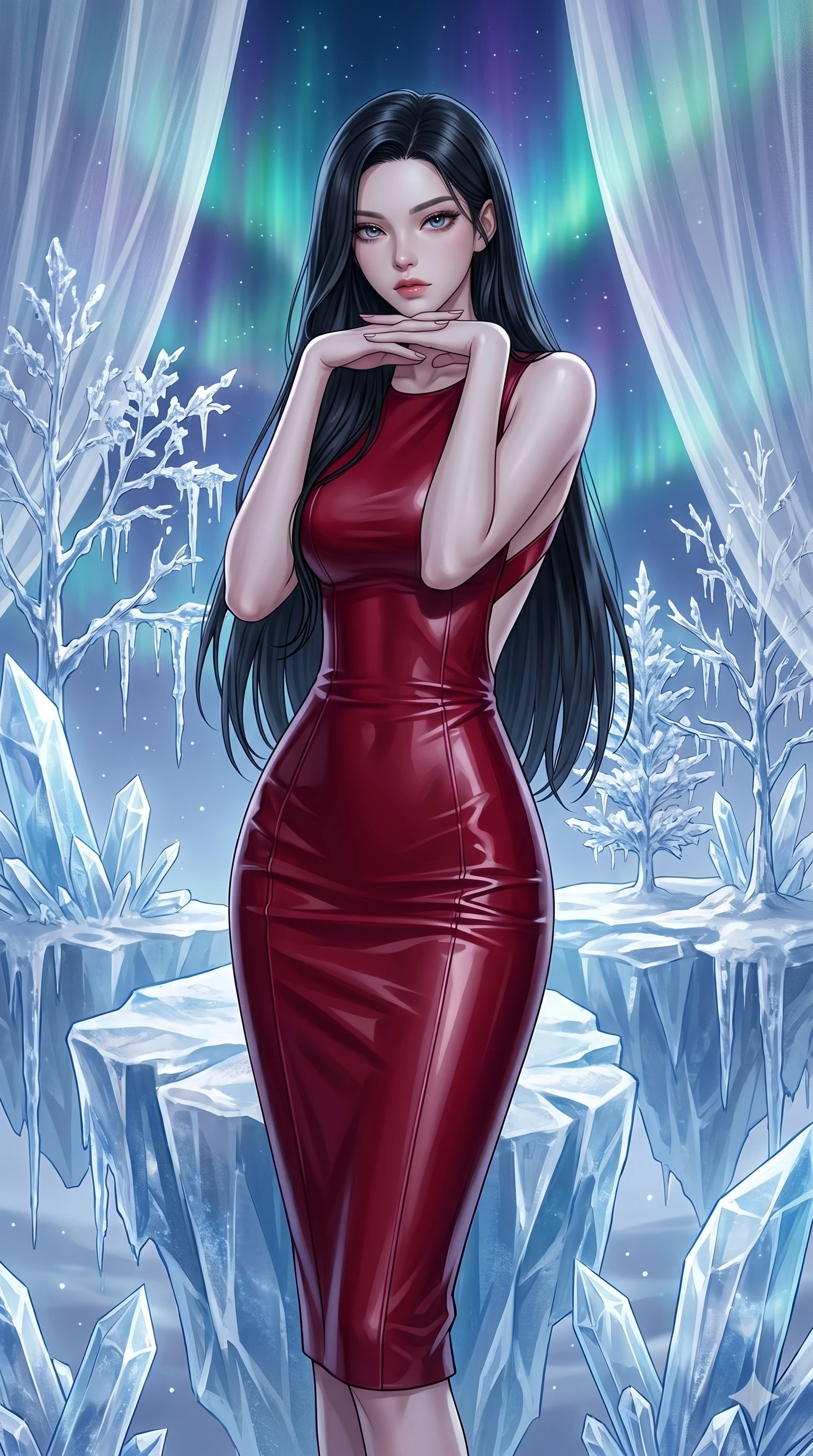score_9, masterpiece, best quality, ultra-detailed, high-budget anime keyframe, editorial fashion photography, tasteful artistic composition, Korean woman. cowboy shot from the thighs up, character and outfit filling the frame for maximum editorial presence. Resting her chin on the backs of her fingers in a confident pose within a dreamlike floating winter kingdom with frozen crystal trees and aurora skies. She has an absolutely perfect 8-heads proportion, an exceptionally tall and slender female figure with impossibly long slender legs and an ultra-slim waist. V-shaped jawline, high-bridge nose, intricate jewel-like eyes with depth, thick eyelashes, glossy lips with a natural sheen. wearing a structured deep-cherry-red fashion-latex fitted dress with a clean architectural front and a dramatic open-back design with a single criss-cross strap in chrome across the bare back. bathed in cold silver moonlight filtered through translucent gossamer curtains casting soft shadows on her curves. 2k, ultra detail, master piece, 9:16 ratio