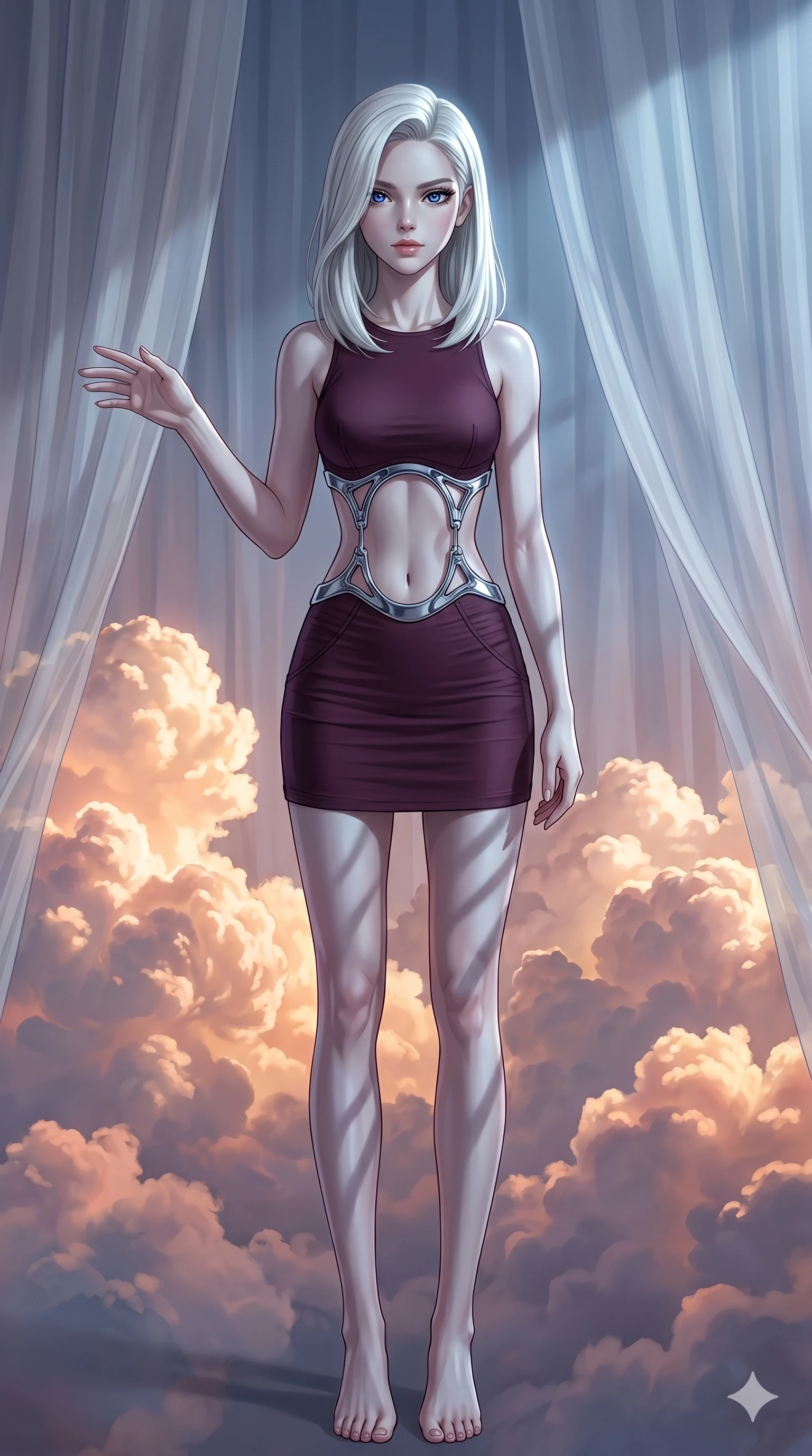 score_9, masterpiece, best quality, ultra-detailed, high-budget anime keyframe, editorial fashion photography, tasteful artistic composition, Caucasian woman, strictly human ears. cowboy shot from the thighs up, character and outfit filling the frame for maximum editorial presence. Reaching one hand toward the viewer with relaxed elegance inside a luminous cloud palace where cumulus formations glow with amber and rose from within. She has an absolutely perfect 8-heads proportion, an exceptionally tall and slender female figure with impossibly long slender legs and an ultra-slim waist. V-shaped jawline, high-bridge nose, intricate jewel-like eyes with depth, thick eyelashes, glossy lips with a natural sheen. wearing a deep plum precision bodycon mini dress with a dramatic architectural open-waist cutout framed by sculptural chrome hardware, the fitted fabric emphasizing her ultra-slim waist above and below. bathed in cold silver moonlight filtered through translucent gossamer curtains casting soft shadows on her curves. 2k, ultra detail, master piece, 9:16 ratio