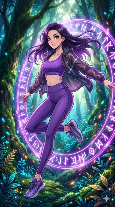 score_9, masterpiece, best quality, ultra-detailed, High-budget Anime Keyframe, beautiful Japanese anime girl. Upper body close-up from the thighs up, character filling the screen for maximum presence. Leaping through a ring of glowing runes in an an