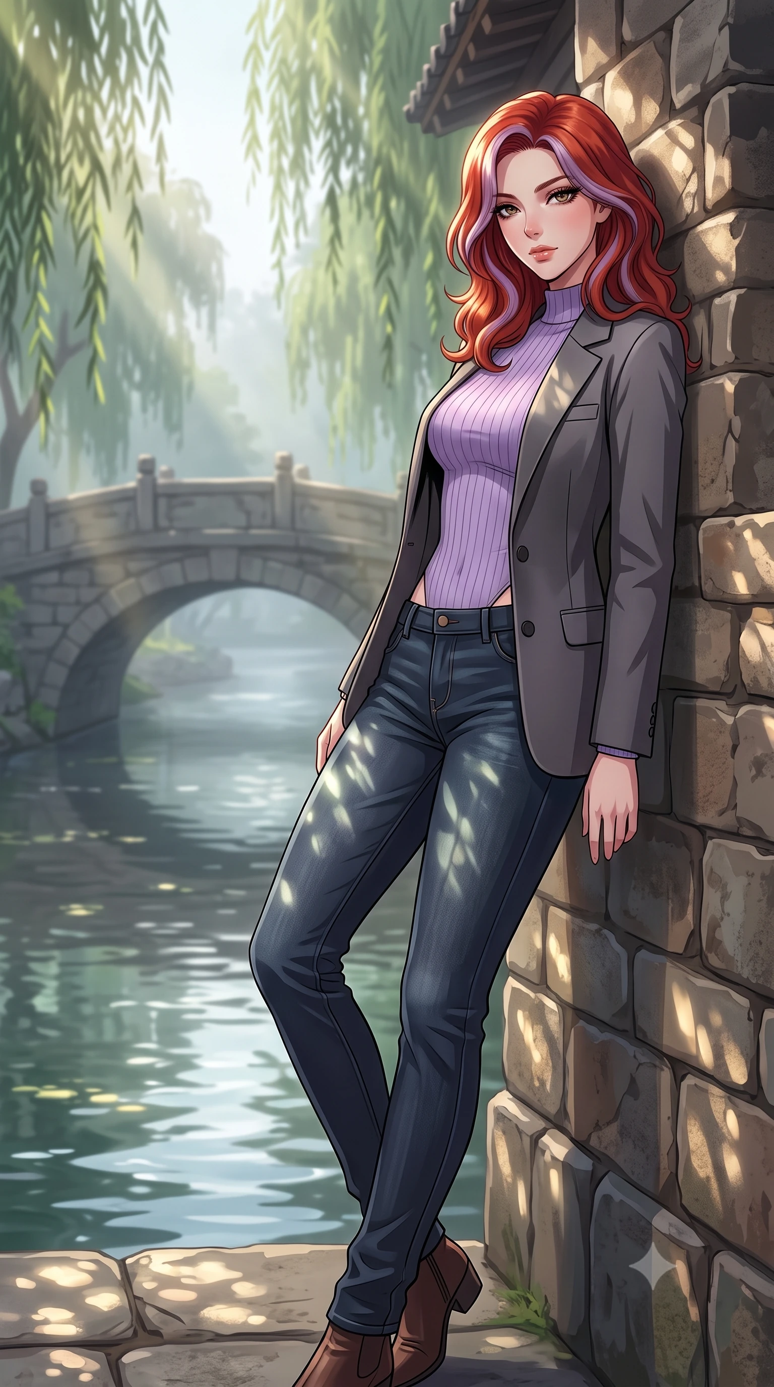 score_9, masterpiece, best quality, ultra-detailed, high-budget anime keyframe, tasteful artistic composition, Caucasian woman. low angle full-body shot from head to toe showing her feet, filling the entire 9:16 vertical frame with her statuesque presence, stretching her vertical silhouette. leaning back against a rustic stone wall, casting a slow, alluring gaze at the camera the background shows a soft-focus a misty stone bridge over a quiet stream with weeping willow trees. She has an absolutely perfect, statuesque 8.5-heads proportion, an exceptionally tall and slender model-like female figure with impossibly long slender legs and an ultra-slim waist. sharp v-shaped jawline, high-bridge nose, intricate jewel-like eyes with depth, thick eyelashes, glossy lips with a natural sheen. wearing a tailored tight-fitting lavender knit bodysuit worn under a tailored open blazer and jeans. dappled sunbeams reflecting off the moving water surface onto her form. highly saturated vibrant anime colors, cel-shading, 2d style, master piece, 9:16 ratio