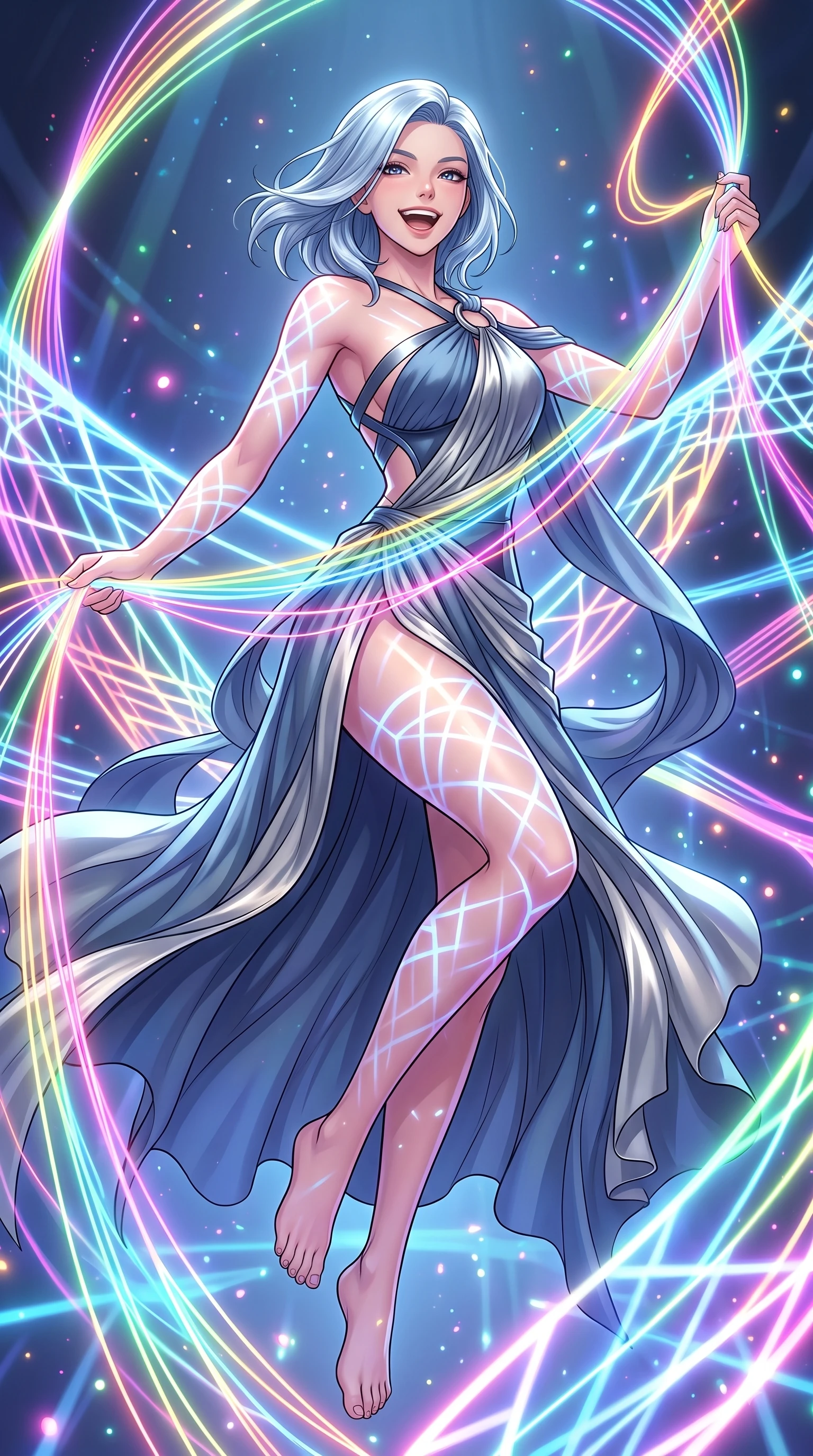 score_9, masterpiece, best quality, ultra-detailed, high-budget anime keyframe, editorial fashion photography, tasteful artistic composition, Korean woman. low angle full-body shot from head to toe showing her feet, filling the entire 9:16 vertical frame with her statuesque presence, stretching her vertical silhouette. pivoting dynamically in zero-gravity with a delighted laughing expression, displaying her perfect model proportions while weaving fluorescent rainbow fiber optic ribbons on a 3D light loom with a playful smile, intricate geometric lattice patterns of bright light projected onto her skin. She has an absolutely perfect, statuesque 8.5-heads proportion, an exceptionally tall and slender model-like female figure with impossibly long slender legs and an ultra-slim waist. sharp v-shaped jawline, high-bridge nose, intricate jewel-like eyes with depth, thick eyelashes, glossy lips with a natural sheen, flawlessly proportioned anatomical accuracy, natural body alignment, perfectly sculpted elegant limbs, clean dynamic posture without body distortion. wearing an asymmetrical Grecian draped chiffon gown with a metallic shoulder ring in slate blue and metallic silver, formed from sleek second-skin neoprene, complemented by criss-cross back straps highlighting her bare shoulders, the elegant draped fit framing her graceful clavicle and slender torso. illuminated by the brilliant glow of rainbow luminescent plasma threads. highly saturated vibrant anime colors, detailed shading with soft gradients, rich glossy textures, high-contrast stereoscopic depth, volumetric dynamic lighting, master piece, 9:16 ratio