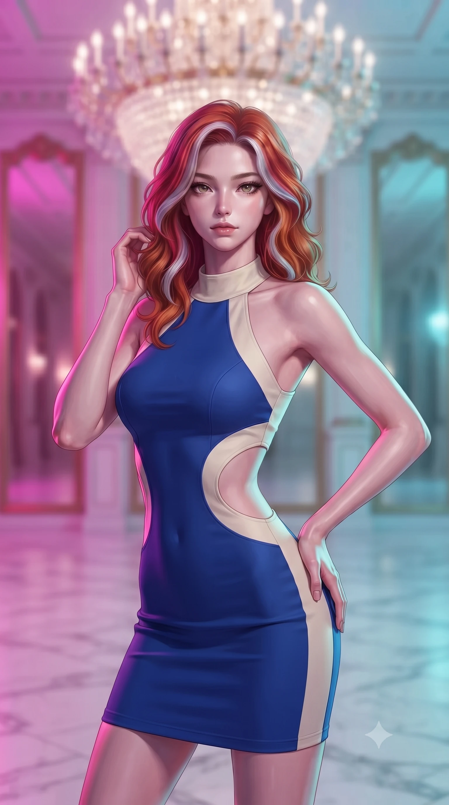 score_9, masterpiece, best quality, ultra-detailed, high-budget anime keyframe, editorial fashion photography, tasteful artistic composition, Caucasian woman, strictly human ears. close-up cowboy shot from the waist and thighs up, the character dominates the composition, filling the frame with her large presence, background elements kept in soft focus. Gazing past the camera with an air of effortless superiority. set against a soft-focus background of a palatial ballroom with a centerpiece chandelier of ten thousand hand-cut crystals white marble floors reflecting everything and tall gilded mirrors multiplying the space into apparent infinity. She has an exceptionally elegant and slender, willowy female figure with an ultra-slim waist, a gracefully sculpted slender torso, and a refined slim physique. sharp v-shaped jawline, high-bridge nose, intricate jewel-like eyes with depth, thick eyelashes, glossy lips with a natural sheen. wearing a structured halter-neck bodycon dress in two-tone cobalt blue and cream, with dramatic curved cutouts at the sides of the torso. dual-tone lighting with hot magenta from the left and cool cyan from the right. 2k, ultra detail, master piece, 9:16 ratio