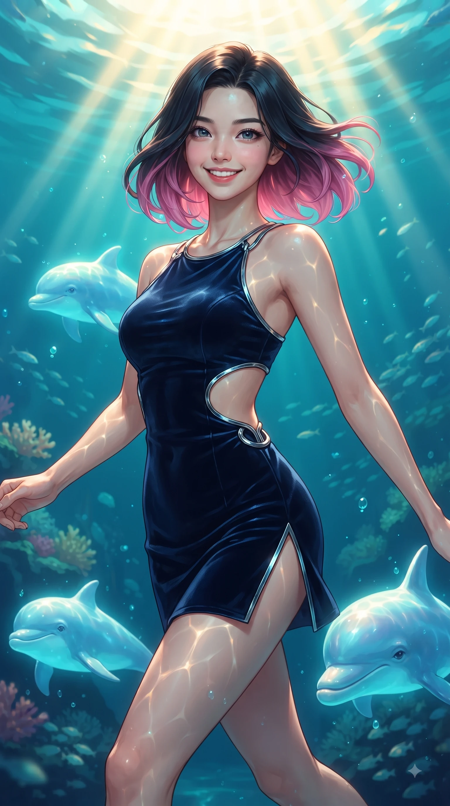 score_9, masterpiece, best quality, ultra-detailed, high-budget anime keyframe, editorial fashion photography, tasteful artistic composition, Korean woman. close-up cowboy shot from the waist and thighs up, the character dominates the composition, filling the frame with her large presence, background elements kept in soft focus. Gazing directly into the camera with a joyful, infectious smile as her torso curves dynamically in mid-stride while swimming underwater in a dynamic playful spin alongside friendly bioluminescent dolphins, golden sunbeams penetrating deep turquoise water creating caustic light ripples. She has an exceptionally elegant, slender, and willowy female figure with an ultra-slim waist, a gracefully sculpted slender torso, and a refined silhouette. sharp v-shaped jawline, high-bridge nose, intricate jewel-like eyes with depth, thick eyelashes, glossy lips with a natural sheen, flawlessly proportioned anatomical accuracy, natural body alignment, perfectly sculpted elegant limbs, clean dynamic posture without body distortion. wearing a dramatic open-waist cutout mini dress framed by sculptural hardware in midnight navy blue and chrome trim, made of premium stretch velvet with a rich sheen, finished with a sleek side slit ascending to mid-thigh, the elegant draped fit framing her graceful clavicle and slender torso. bathed in brilliant underwater sunbeams and luminous turquoise caustic glow. ultra-reflective glossy finish, specular highlights, metallic sheen, high-contrast stereoscopic depth, volumetric dynamic lighting, 2k, ultra detail, master piece, 9:16 ratio