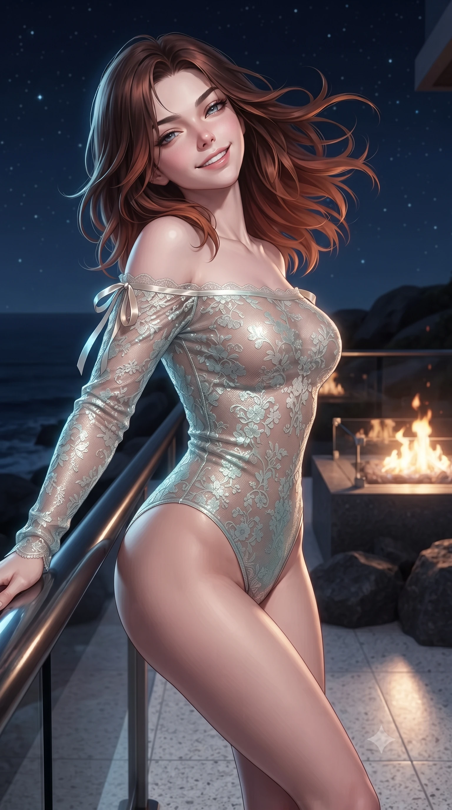 score_9, masterpiece, best quality, ultra-detailed, high-budget anime keyframe, editorial fashion photography, tasteful artistic composition, Korean woman. close-up cowboy shot from the waist and thighs up, the character dominates the composition, filling the frame with her large presence. leaning back against the balustrade with relaxed seductive grace, head tilted back slightly while casting a hypnotic, heavy-lidded gaze while twisting her slender torso in an alluring contrapposto stance beside the fire pit, ocean breezes tossing her glossy hair as starlight caresses her flat midriff. The surrounding environment is rendered in vivid detail and crisp panoramic clarity: sharp frameless glass corner joints, brilliant white terrazzo deck aggregate, and dark granite sea boulder textures in deep focus. She has an exceptionally elegant, slender, and willowy female figure with an ultra-slim waist, flat toned midriff, narrow ribcage, and sculpted feminine hips creating an alluring, slim hourglass silhouette without bulk. sharp v-shaped jawline, high-bridge nose, intricate jewel-like sparkling eyes with depth, thick eyelashes, glossy parted lips with a natural peach sheen, bright cheerful beaming smile with an enchanting and coquettish sensual glint, exuding both youthful cute charm and seductive allure, flawlessly proportioned anatomical accuracy, strict slender model proportions, natural body alignment, perfectly sculpted long slender limbs, ultra-slim waistline, clean dynamic posture without body distortion. wearing an off-the-shoulder sheer-illusion Bohemian lace bodysuit with strategic floral flocking and high-cut leg openings in iridescent seafoam pearl and champagne luster, woven from stretch metallic lurex jersey casting radiant starlight glints across her curves, finished with satin ribbon ties at the shoulders fluttering in the gentle breeze, the glove-like clinging cut tightly following the natural contour of her hips and long slender legs with youthful 8.5-heads elegance. illuminated by deck surface specular bounce and sharp platinum-cyan rim lights sculpting her jawline, narrow waist, and curvy hips. ultra-reflective glossy finish, specular highlights, rich textural contrasts, high-contrast stereoscopic depth, volumetric dynamic lighting, 2k, ultra detail, master piece, 9:16 ratio