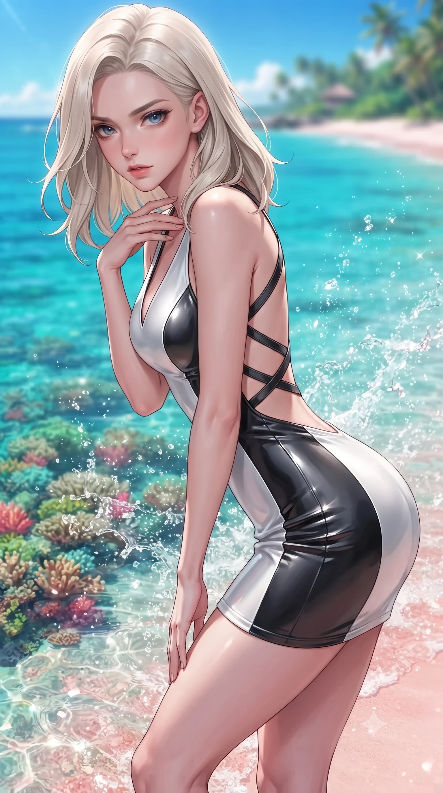 score_9, masterpiece, best quality, ultra-detailed, high-budget anime keyframe, editorial fashion photography, tasteful artistic composition, Caucasian woman. close-up cowboy shot from the waist and thighs up, the character dominates the composition, filling the frame with her large presence. leaning forward with a dangerous, enticing smolder, resting one hand near her collarbone while casting a fiery, magnetic direct gaze while pivoting dynamically at the water edge as bright tropical sea spray sparkles like diamond dust in mid-air. The surrounding environment is rendered in vivid detail and crisp panoramic clarity. vibrant coral reef textures beneath crystal water, fine pink sand grains, and emerald ocean gradients in deep focus. She has an exceptionally elegant, slender, and willowy female figure with an ultra-slim waist, a gracefully sculpted slender torso, toned flat midriff, and a refined slim silhouette. sharp v-shaped jawline, high-bridge nose, intricate jewel-like eyes with depth, thick eyelashes, glossy lips with a natural sheen, flawlessly proportioned anatomical accuracy, strict slender model proportions, natural body alignment, perfectly sculpted long slender limbs, ultra-slim waistline, clean dynamic posture without body distortion. wearing a second-skin fashion-latex mini dress with a clean architectural front, featuring an open-back design that wraps around the sides of her waist, showcasing her slender silhouette in high-gloss monochrome white and sharp black contrast, made of liquid metal jersey that clings flawlessly to every contour of her build, complemented by criss-cross back straps highlighting her completely bare spine, the sleek second-skin cut tightly hugging her graceful clavicle, narrow waist, and feminine curves with athletic precision. bathed in dazzling tropical morning sunlight and glittering ocean water caustics. ultra-reflective glossy finish, specular highlights, metallic sheen, high-contrast stereoscopic depth, volumetric dynamic lighting, 2k, ultra detail, master piece, 9:16 ratio