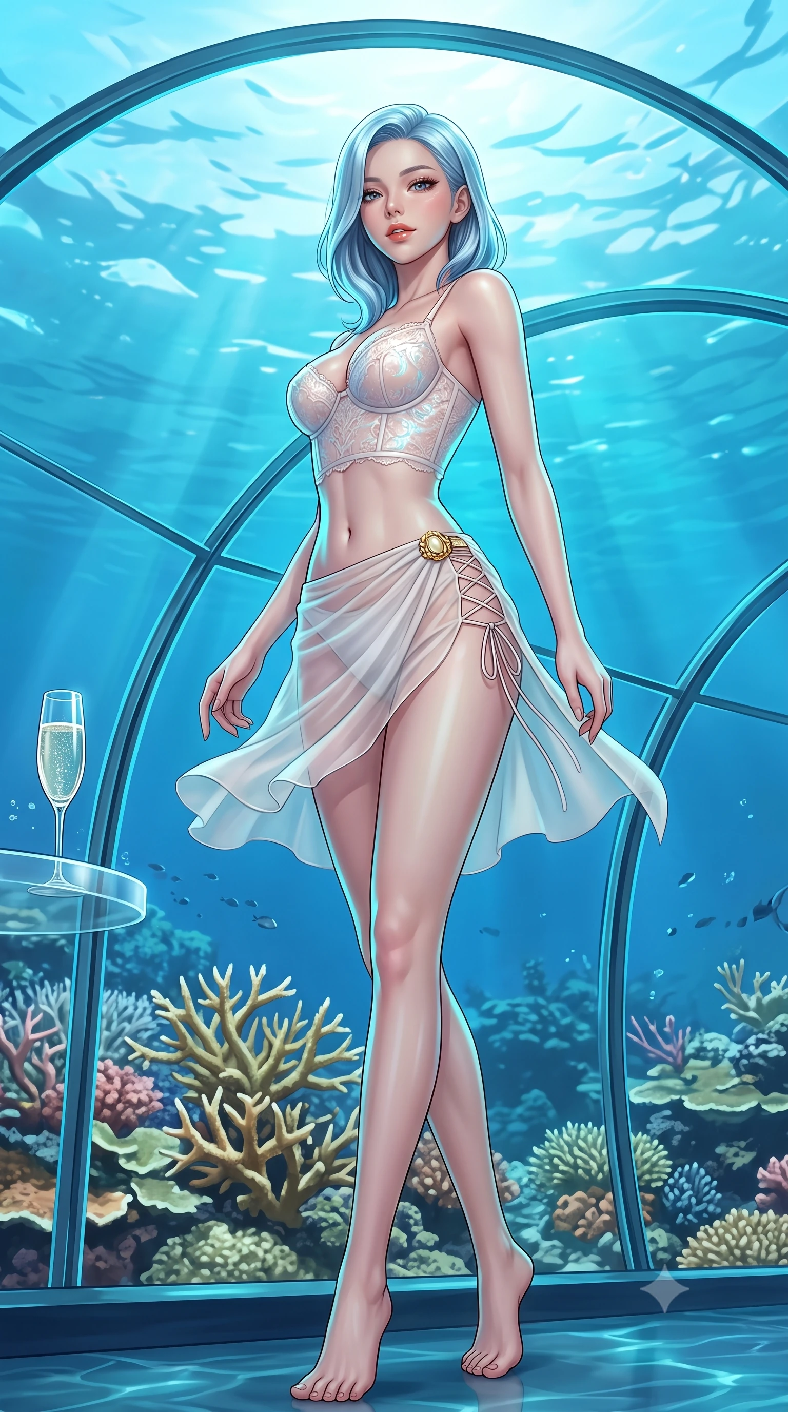 score_9, masterpiece, best quality, ultra-detailed, high-budget anime keyframe, semi-realistic 3D game render, editorial fashion photography, tasteful artistic composition, Korean woman. low angle full-body shot from head to toe showing her feet, filling the entire 9:16 vertical frame with her statuesque presence, stretching her vertical silhouette. executing a slow, graceful pivot turn as her skirt sways around her slender legs, glancing back with an enchanting, teasing sensual expression while standing poised beneath the 180-degree curved acrylic ceiling five meters beneath the ocean surface, arching her spine with breathtaking siren elegance. The surrounding environment is rendered in vivid detail and crisp panoramic clarity: sharp structural acrylic window seams, living staghorn coral branch details, and crystal champagne flute clarity in deep focus. She has an absolutely perfect, statuesque 8.5-heads proportion, an exceptionally tall and slender model-like female figure with impossibly long slender legs, an ultra-slim waist, a flat toned midriff, narrow delicate ribcage, and beautifully sculpted feminine hips creating a graceful, slim hourglass silhouette without any bulky heaviness. sharp v-shaped jawline, high-bridge nose, sparkling eyes with hypnotic seductive depth, thick curled eyelashes, glossy parted lips with a natural dewy peach sheen, alluring bedroom-eyes with an enchanting coquettish smile, exuding magnetic siren charisma and sophisticated glamour, flawlessly proportioned anatomical accuracy, strict slender model proportions, natural body alignment, perfectly sculpted long slender limbs, ultra-slim waistline, clean dynamic posture without body distortion. wearing a delicate French lace underwire bustier paired with a draped sheer chiffon wrap mini skirt and gold hip brooch in pure alabaster with iridescent mother-of-pearl sheen, made of sheer gossamer chiffon that drapes softly against skin with airy translucence, featuring fine criss-cross lace-up side ties revealing tantalizing glimpses of her hip curve, the form-contouring silhouette accentuating her sculpted flat midriff, narrow delicate ribcage, and gracefully curvy hips with intoxicating allure. illuminated by dome acrylic reflection fill and sharp electric-cyan rim lights sculpting her jawline, flat midriff, and voluptuous hip curves. highly saturated vibrant anime colors, detailed shading with soft gradients, rich glossy textures, high-contrast stereoscopic depth, volumetric dynamic lighting, master piece, 9:16 ratio