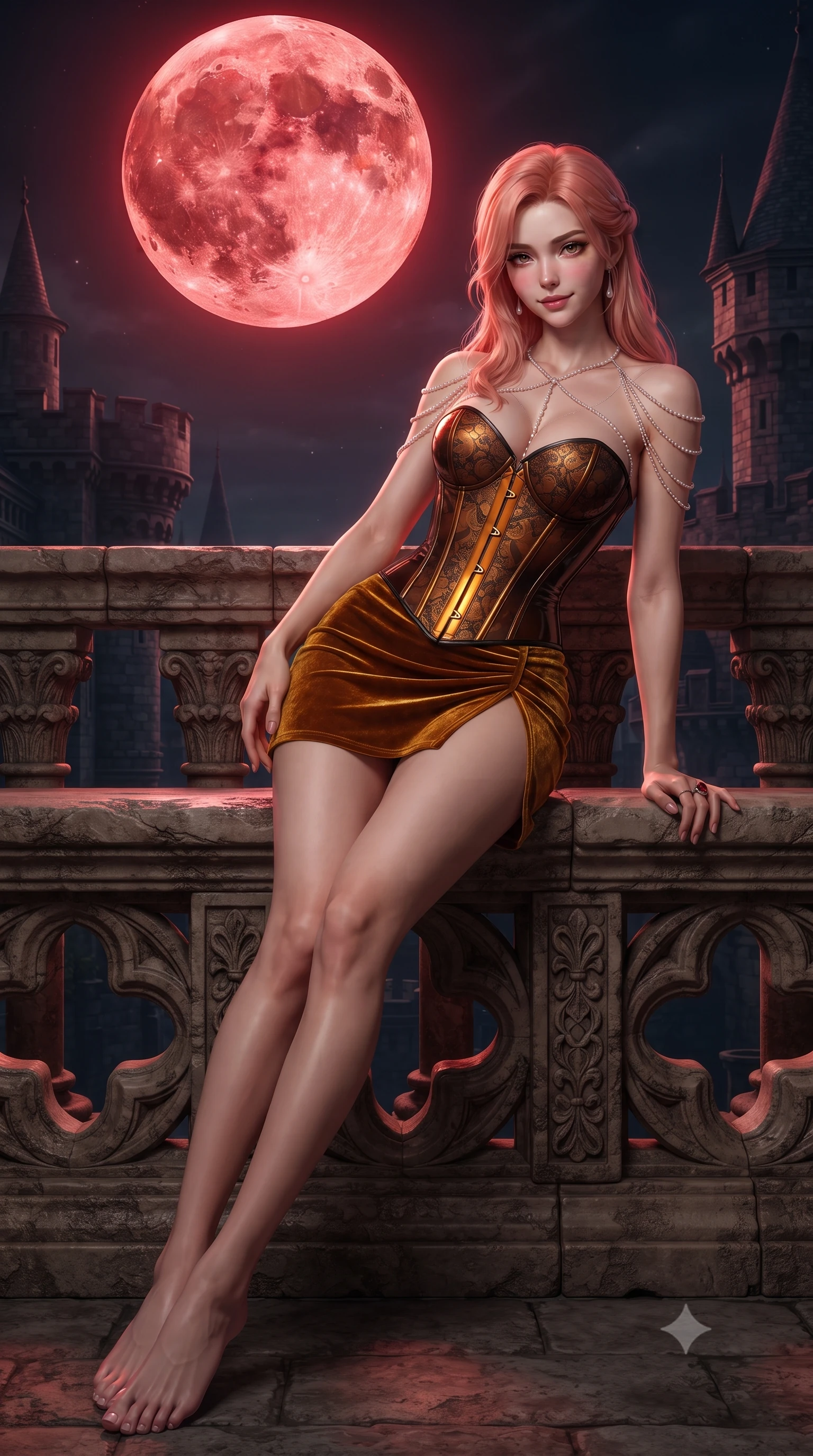 score_9, masterpiece, best quality, ultra-detailed, high-budget anime keyframe, editorial fashion photography, tasteful artistic composition, Japanese woman. low angle full-body shot from head to toe showing her feet, filling the entire 9:16 vertical frame with her statuesque presence, stretching her vertical silhouette. stepping slowly toward the camera with hypnotic grace, hips swaying in an alluring sensual rhythm that accentuates her curvy hourglass silhouette and long slender legs while lounging on the stone balcony bench propped on one elbow, her flat midriff and statuesque 8.5-heads build commanding the nocturnal abyss. The surrounding environment is rendered in vivid detail and crisp panoramic clarity: detailed lace corset bodice texture, ruby ring gleam, and medieval fortification masonry in razor-sharp precision. She has an absolutely perfect, statuesque 8.5-heads proportion, an exceptionally tall and slender model-like female figure with impossibly long slender legs, an ultra-slim waist, a flat toned midriff, narrow delicate ribcage, and beautifully sculpted feminine hips creating a graceful, slim hourglass silhouette without any bulky heaviness. sharp v-shaped jawline, high-bridge nose, sparkling eyes with hypnotic seductive depth, thick curled eyelashes, glossy parted lips with a natural dewy peach sheen, alluring bedroom-eyes with an enchanting coquettish smile, exuding magnetic siren charisma and sophisticated glamour, flawlessly proportioned anatomical accuracy, strict slender model proportions, natural body alignment, perfectly sculpted long slender limbs, ultra-slim waistline, clean dynamic posture without body distortion. wearing a structured Victorian boned leatherette corset bodice paired with an ultra-short micro-wrap velvet mini skirt in warm amber honey and antique gold leaf with dark shadow gradients, crafted from wet-look high-gloss vinyl fabric with dazzling specular surface reflections, accented with a pearl-drop body harness subtly framing her dewy collarbones and spine, the high-slit wrap tailoring accentuating her ultra-slim waistline and the enchanting curve of her feminine hips with alluring seductive charm. bathed in otherworldly crimson lunar illumination cascading directly from the giant blood moon. ultra-reflective glossy finish, specular highlights, rich textural contrasts, high-contrast stereoscopic depth, volumetric dynamic lighting, 2k, ultra detail, master piece, 9:16 ratio