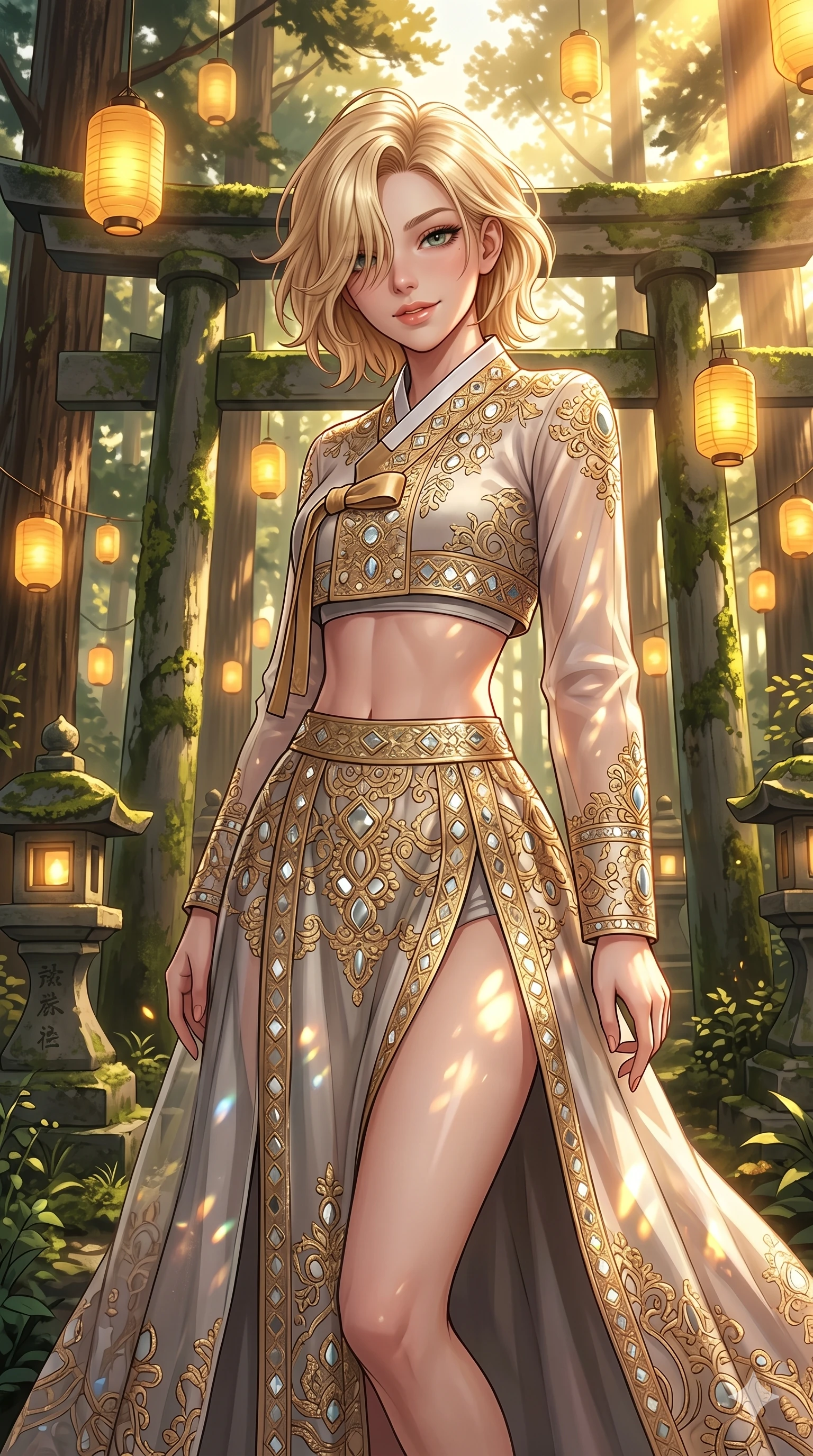 score_9, masterpiece, best quality, ultra-detailed, high-budget anime keyframe, editorial fashion photography, tasteful artistic composition, Caucasian woman, strictly human ears. cowboy shot from the thighs up, character and outfit filling the frame for maximum editorial presence. tilting her head with a playful, teasing smile, letting hair fall over her eyes in a sacred shinto forest with golden floating lanterns (Code-P17-111). She has an absolutely perfect 8-heads proportion, an exceptionally tall and slender female figure with impossibly long slender legs and an ultra-slim waist. V-shaped jawline, high-bridge nose, intricate jewel-like eyes with depth, thick eyelashes, glossy lips with a natural sheen. wearing a fusion hanbok featuring an exposed waist and high slit. warm golden afternoon sunbeams reflecting off the mirrors, casting bright light patterns. 2k, ultra detail, master piece, 9:16 ratio