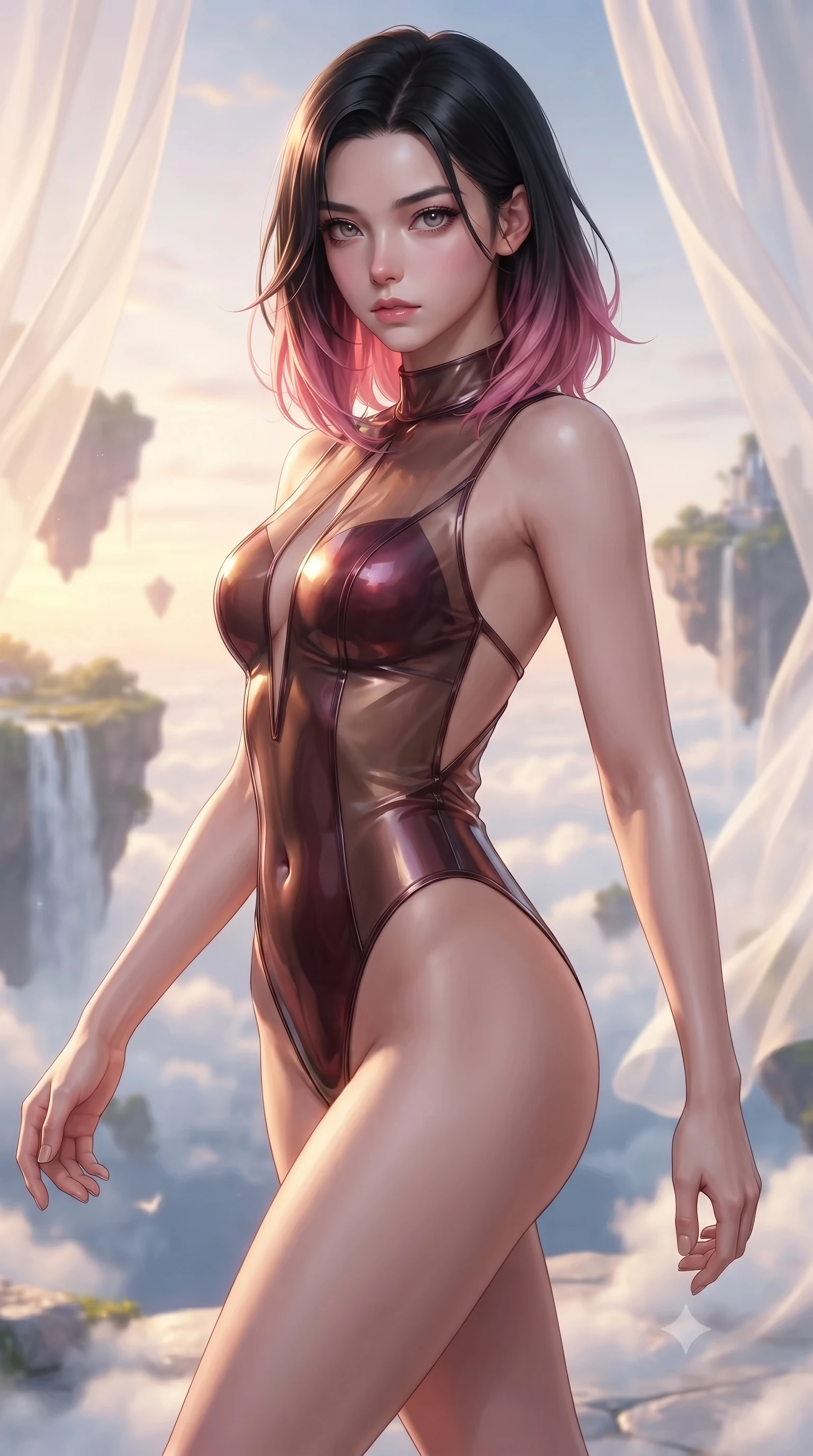 score_9, masterpiece, best quality, ultra-detailed, high-budget anime keyframe, editorial fashion photography, tasteful artistic composition, Korean woman. close-up cowboy shot from the waist and thighs up, the character dominates the composition, filling the frame with her large presence, background elements kept in soft focus. Gazing past the lens with composed intensity as her torso curves dynamically in mid-motion while stepping along a cloudtop platinum terrace suspended between flying hydro-islands, translucent silk curtains drifting lazily in a high-altitude sky breeze. She has an exceptionally elegant, slender, and willowy female figure with an ultra-slim waist, a gracefully sculpted slender torso, and a refined silhouette. sharp v-shaped jawline, high-bridge nose, intricate jewel-like eyes with depth, thick eyelashes, glossy lips with a natural sheen, flawlessly proportioned anatomical accuracy, natural body alignment, perfectly sculpted elegant limbs, clean dynamic posture without body distortion. wearing a high-cut translucent vinyl leotard with front paneling and open back in deep burgundy and bronze, woven from fine semi-opaque sheer organza, accented with a Tasteful chest slit framing her clavicle gracefully, the elegant draped fit framing her graceful clavicle and slender torso. illuminated by soft glowing sunset radiance with dramatic golden rim highlights. ultra-reflective glossy finish, specular highlights, metallic sheen, high-contrast stereoscopic depth, volumetric dynamic lighting, 2k, ultra detail, master piece, 9:16 ratio