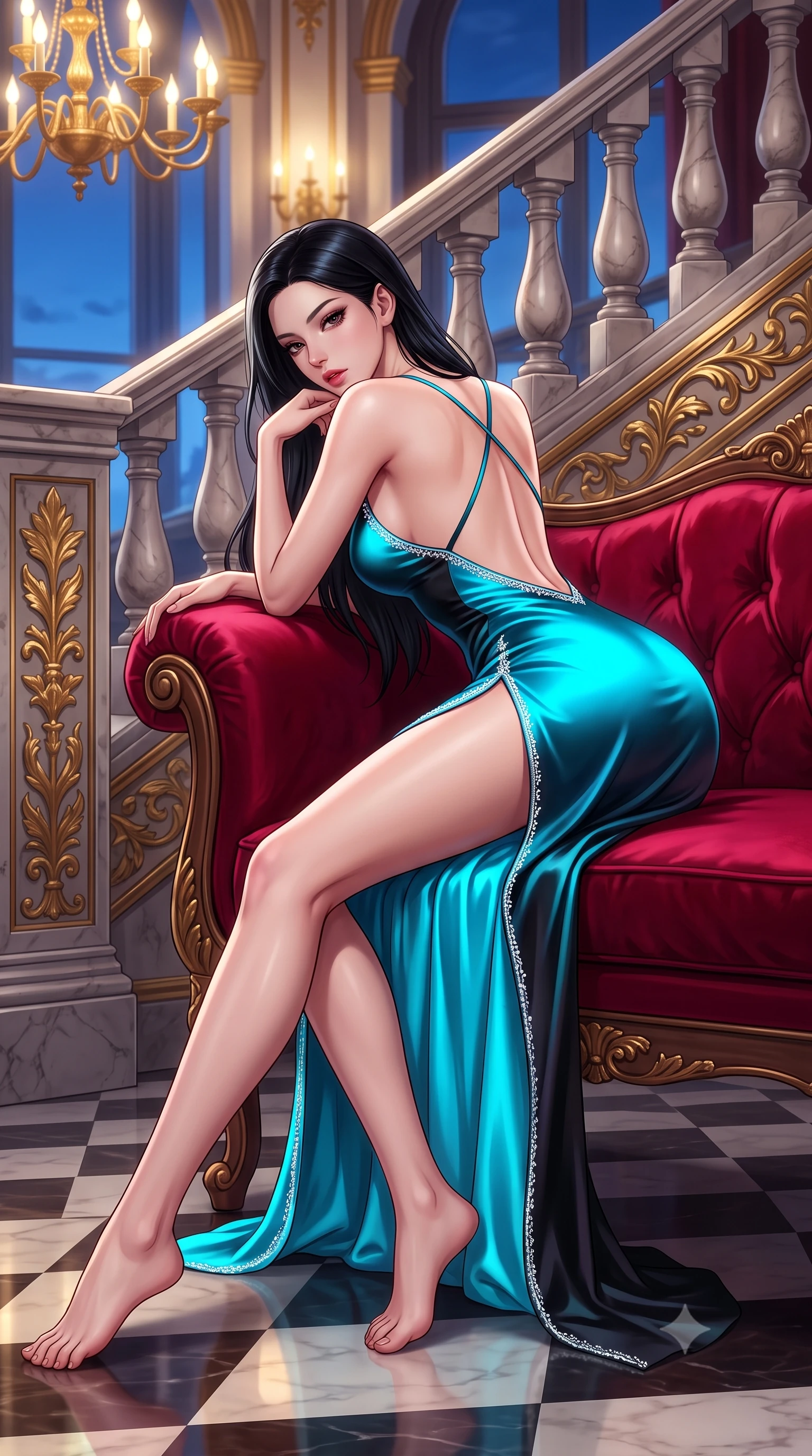 score_9, masterpiece, best quality, ultra-detailed, high-budget anime keyframe, semi-realistic 3D game render, editorial fashion photography, tasteful artistic composition, Korean woman. low angle full-body shot from head to toe showing her feet, filling the entire 9:16 vertical frame with her statuesque presence, stretching her vertical silhouette. posing with back turned slightly to the lens, glancing back with smoldering allure as she arches her lower back to emphasize her sculpted feminine hips and slender waist while reclining on a plush crimson velvet settee propped on one elbow, her long slender legs and curvy hips commanding the composition. The surrounding environment is rendered in vivid detail and crisp panoramic clarity. sharp carved marble baluster contours, gilded leaf scrollwork, and polished checkerboard floor in deep focus. She has an exceptionally tall and slender model-like 8.5-heads proportion, an ultra-slim waist, a flat toned midriff, narrow delicate ribcage, and beautifully sculpted feminine hips creating a graceful, slim hourglass silhouette without any bulky heaviness, with impossibly long slender legs. sharp v-shaped jawline, high-bridge nose, intricate jewel-like eyes with depth, thick eyelashes, glossy parted lips with a natural sheen, intensely captivating and seductive bedroom-eyes expression, flawlessly proportioned anatomical accuracy, strict slender model proportions, natural body alignment, perfectly sculpted long slender limbs, ultra-slim waistline, clean dynamic posture without body distortion. wearing a backless cowl-neck satin slip dress featuring high-cut side hip slits and delicate criss-cross back straps in neon electric cyan and lacquer black, tailored from water-resistant treated wool gabardine and flexible stretch silk, finished with delicate crystal frost embroidery tracing the plunging neckline, the glove-like aerodynamic silhouette tightly following the natural contour of her hips and long slender legs with statuesque 8.5-heads elegance. bathed in opulent golden chandelier light radiating from the grand foyer and cool blue evening sky fill. highly saturated vibrant anime colors, detailed shading with soft gradients, rich glossy textures, high-contrast stereoscopic depth, volumetric dynamic lighting, master piece, 9:16 ratio