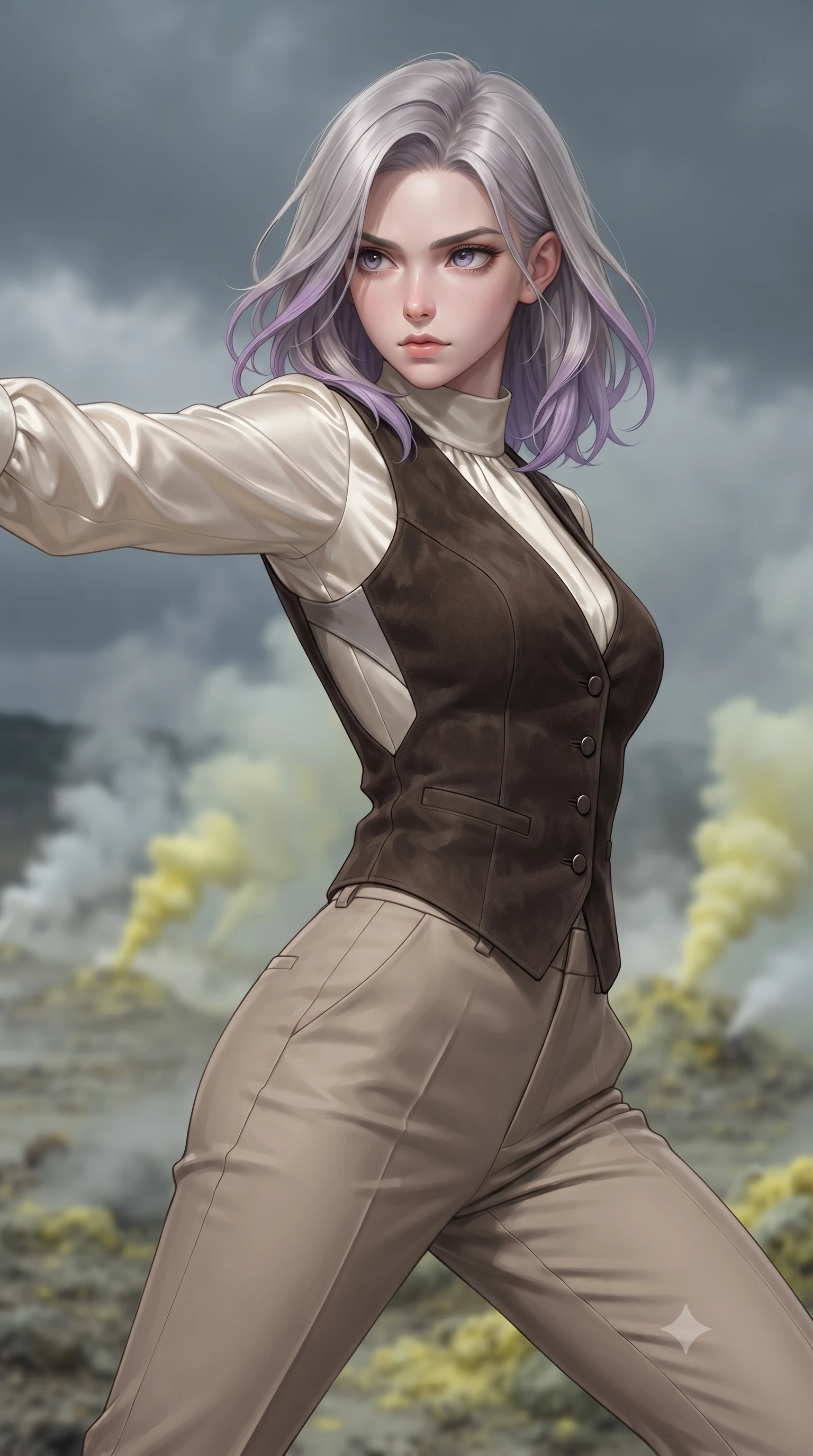 score_9, masterpiece, best quality, ultra-detailed, high-budget anime keyframe, editorial fashion photography, tasteful artistic composition, realistic cosplay photography, Caucasian woman, strictly human ears. close-up cowboy shot from the waist and thighs up, the character dominates the composition, filling the frame with her large presence, background elements kept in soft focus. Leaning back to dodge a fast strike with fluid grace, casting a cold side-glare. set against a soft-focus background of a boiling sulfur field with steam vents shooting toxic yellow gases into a heavy slate-grey sky. She has an exceptionally elegant and slender, willowy female figure with an ultra-slim waist, a gracefully sculpted slender torso, and a refined slim physique. sharp v-shaped jawline, high-bridge nose, intricate jewel-like eyes with depth, thick eyelashes, glossy lips with a natural sheen. wearing tailored for maximum mobility, sleek form-contouring panels that allow fluid movement, a form-contouring high-neck ivory silk blouse under a dark brown suede vest, paired with beige tailored trousers. soft glowing ambient light with sharp side key light tracing the sleek contours of her figure. ultra-reflective glossy finish, specular highlights, metallic sheen, high-contrast stereoscopic depth, volumetric dynamic lighting, 2k, ultra detail, master piece, 9:16 ratio
