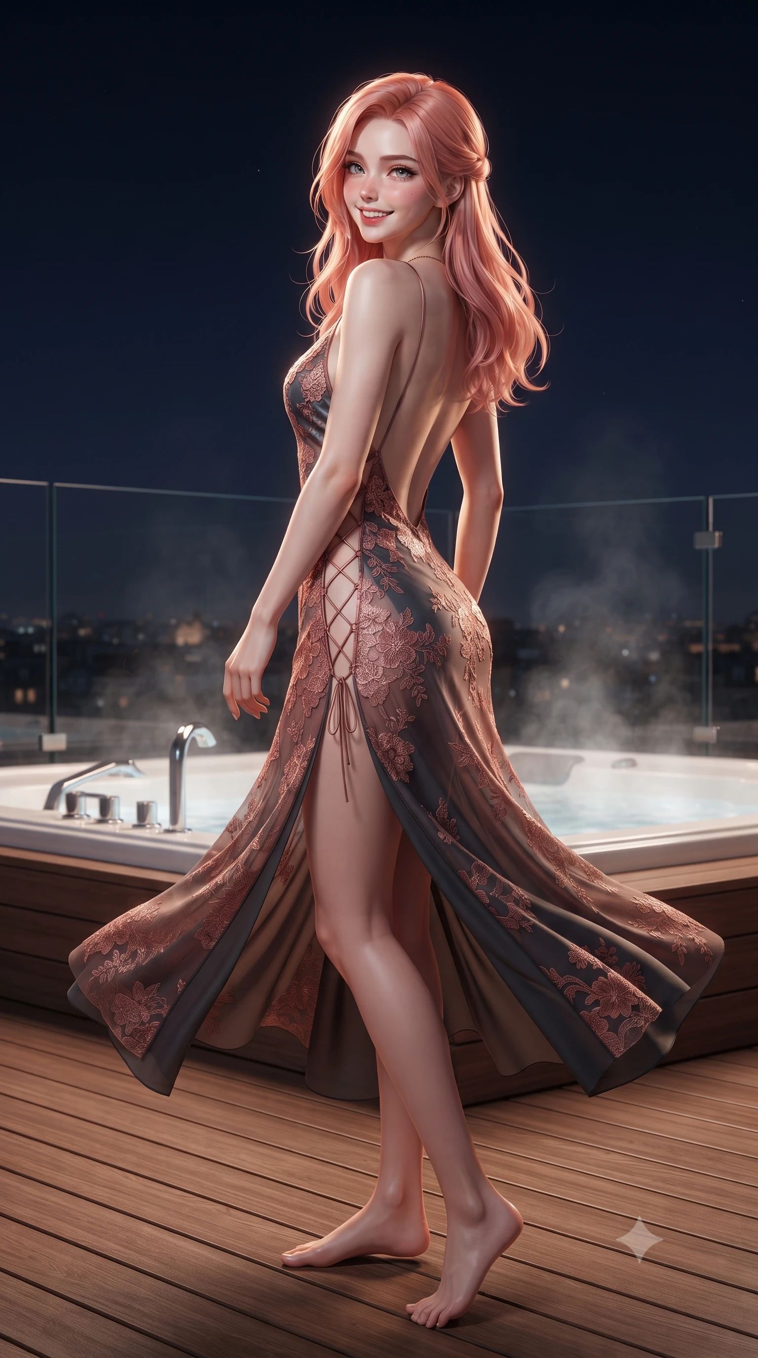 score_9, masterpiece, best quality, ultra-detailed, high-budget anime keyframe, editorial fashion photography, tasteful artistic composition, Japanese woman. low angle full-body shot from head to toe showing her feet, filling the entire 9:16 vertical frame with her statuesque presence, stretching her vertical silhouette. executing a slow, graceful pivot turn as her skirt sways around her slender legs, glancing back with an enchanting, teasing sensual expression while standing poised on the heated teak deck beside the steaming rooftop jacuzzi, arching her back with high-fashion ease as night settles over Paris. The surrounding environment is rendered in vivid detail and crisp panoramic clarity: sharp teak boardwalk grain, clear glass balustrade edge bevels, and stainless steel jacuzzi fittings in deep focus. She has an exceptionally tall and slender model-like 8.5-heads proportion, an ultra-slim waist, a flat toned midriff, narrow delicate ribcage, and beautifully sculpted feminine hips creating a graceful, slim hourglass silhouette without any bulky heaviness, with impossibly long slender legs. sharp v-shaped jawline, high-bridge nose, intricate jewel-like sparkling eyes with depth, thick eyelashes, glossy parted lips with a natural peach sheen, bright cheerful beaming smile with an enchanting and coquettish sensual glint, exuding both youthful cute charm and seductive allure, flawlessly proportioned anatomical accuracy, strict slender model proportions, natural body alignment, perfectly sculpted long slender limbs, ultra-slim waistline, clean dynamic posture without body distortion. wearing a form-contouring gossamer silk chiffon slip dress with a hip-high slit and open back, clinging smoothly with dewy moisture in sultry copper rose and deep shadow charcoal, made of delicate embroidered tulle lace with intricate floral motifs and soft transparency, featuring fine criss-cross lace-up side ties revealing tantalizing glimpses of her hip curve, the second-skin tailored fabric adhering flawlessly to her sculpted flat midriff and slender torso, emphasizing her long leg lines and perfectly proportioned willowy build. illuminated by water surface reflection bounce and sharp silver-gold rim lights sculpting her dewy collarbones, ultra-slim waist, and curvy hips. ultra-reflective glossy finish, specular highlights, rich textural contrasts, high-contrast stereoscopic depth, volumetric dynamic lighting, 2k, ultra detail, master piece, 9:16 ratio