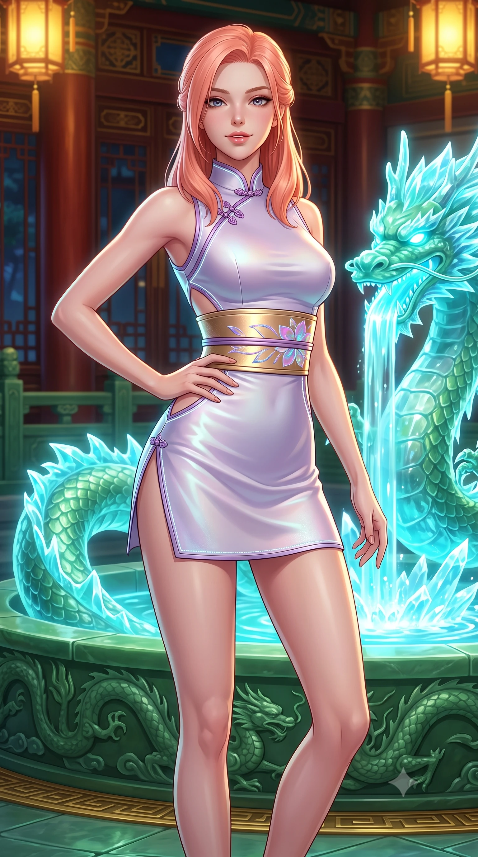 score_9, masterpiece, best quality, ultra-detailed, high-budget anime keyframe, semi-realistic 3D game render, editorial fashion photography, tasteful artistic composition, Japanese woman. close-up cowboy shot from the waist and thighs up, the character dominates the composition, filling the frame with her large presence. smiling with subtle, enchanting allure and glossy parted lips, one hand resting on her waist with effortless supermodel poise while standing poised on a sculpted jade terrace beside a glowing crystalline dragon spring where bioluminescent water cascades. The surrounding environment is rendered in vivid detail and crisp panoramic clarity. sharp carved jade dragon scale textures, crystalline water splash crests, and gold palace inlay in deep focus. She has an exceptionally elegant, slender, and willowy female figure with an ultra-slim waist, a gracefully sculpted slender torso, toned flat midriff, and a refined slim silhouette. sharp v-shaped jawline, high-bridge nose, intricate jewel-like eyes with depth, thick eyelashes, glossy lips with a natural sheen, captivating and magnetic expression, flawlessly proportioned anatomical accuracy, strict slender model proportions, natural body alignment, perfectly sculpted long slender limbs, ultra-slim waistline, clean dynamic posture without body distortion. wearing a futuristic embroidered qipao mini dress with glowing fiber-optic seams and side cutouts in ethereal lilac mist and pearlescent white, tailored from traditional lustrous satin with delicate hand-stitched borders, complemented by a wide metallic gold obi sash with holographic floral embroidery, the form-contouring material adhering flawlessly to her sculpted flat midriff and slender torso, emphasizing her long leg lines and perfectly proportioned willowy build. bathed in luminous cyan dragon spring uplights and warm imperial gold lantern downlights. highly saturated vibrant anime colors, detailed shading with soft gradients, rich glossy textures, high-contrast stereoscopic depth, volumetric dynamic lighting, master piece, 9:16 ratio