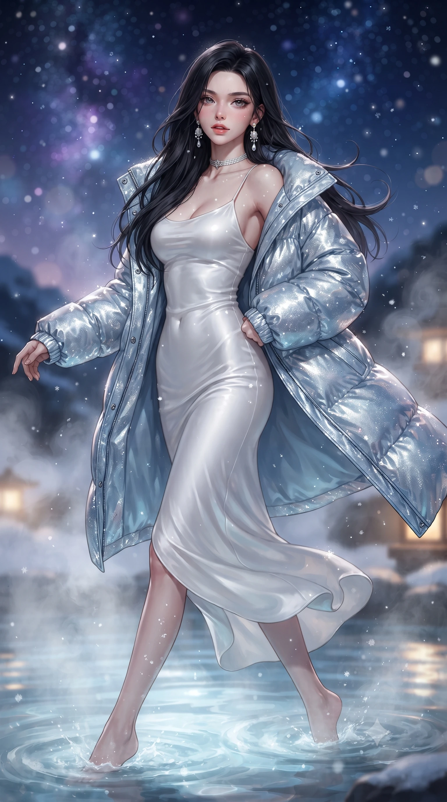 score_9, masterpiece, best quality, ultra-detailed, high-budget anime keyframe, editorial fashion photography, tasteful artistic composition, Korean woman. low angle full-body shot from head to toe showing her feet, filling the entire 9:16 vertical frame with her statuesque presence, stretching her vertical silhouette. executing an elegant mid-motion turn as garments swirl around her slender limbs, glancing over her shoulder with smoldering allure while wading through the steaming thermal mineral pool, arching her spine in pure pleasure as snowflakes melt on her glowing skin. The composition keeps background elements in soft focus with creamy bokeh. rising thermal steam swirls and starry alpine night skies blurred into deep sapphire, amethyst, and pearl-white bokeh. She has an absolutely perfect, statuesque 8.5-heads proportion, an exceptionally tall and slender model-like female figure with impossibly long slender legs, a toned flat midriff, and an ultra-slim waist. sharp v-shaped jawline, high-bridge nose, intricate jewel-like eyes with depth, thick eyelashes, glossy parted lips with a natural sheen, intensely captivating and seductive expression, flawlessly proportioned anatomical accuracy, strict slender model proportions, natural body alignment, perfectly sculpted long slender limbs, ultra-slim waistline, clean dynamic posture without body distortion. wearing a luxurious snow-white cashmere slip gown layered under an unbuttoned oversized down jacket in ice crystal blue and brushed platinum, crafted from shimmering metallic lamé reflecting frost like crushed ice, accessorized with pearl drop earrings and a delicate diamond choker, the liquid-tight tailored fabric emphasizing every curve of her tall, slender model proportions and sculptured silhouette during dynamic movement. bathed in soft underwater pool illumination and warm golden stone lantern downlights. ultra-reflective glossy finish, specular highlights, rich textural contrasts, high-contrast stereoscopic depth, volumetric dynamic lighting, 2k, ultra detail, master piece, 9:16 ratio