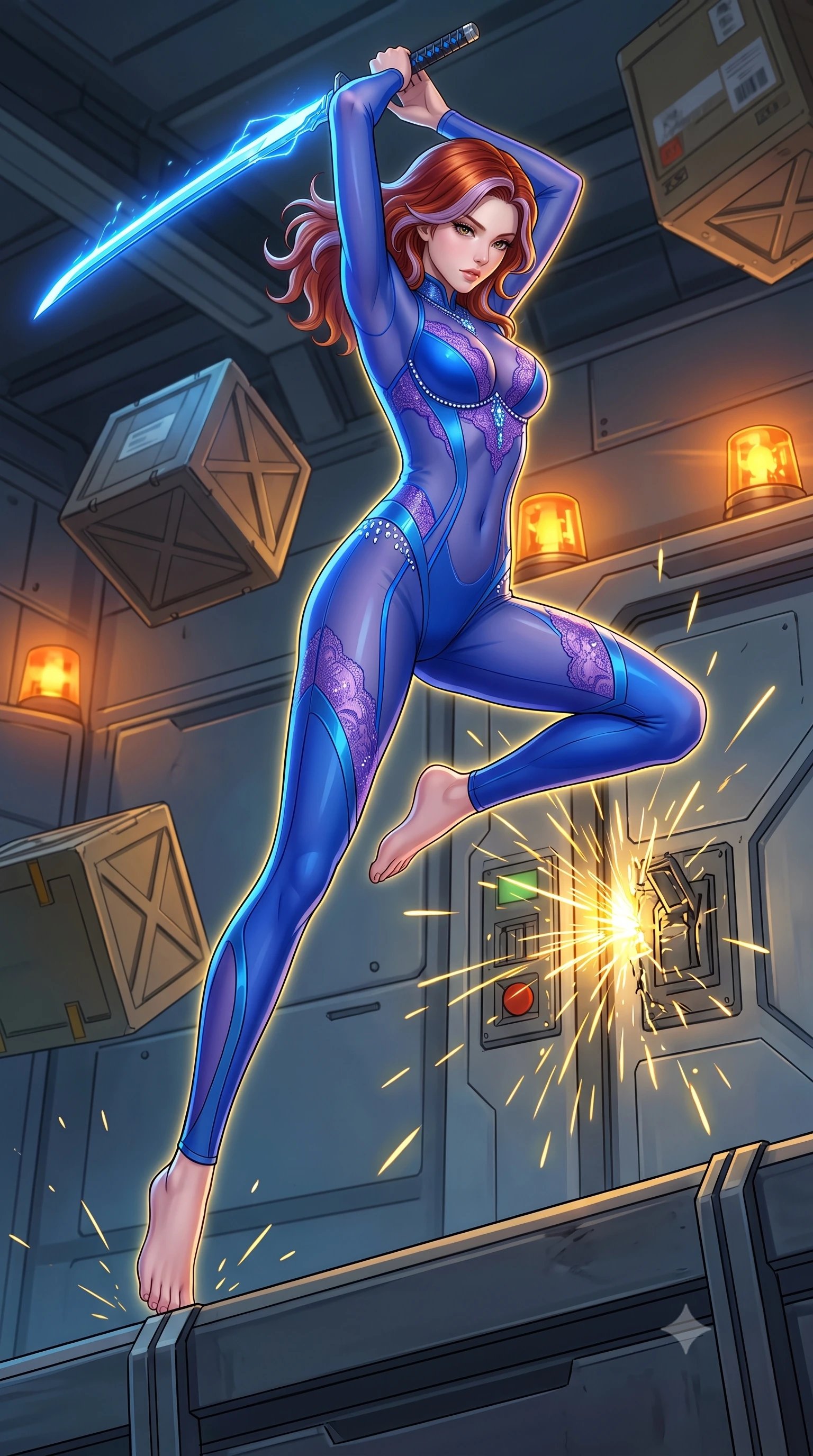 score_9, masterpiece, best quality, ultra-detailed, high-budget anime keyframe, editorial fashion photography, tasteful artistic composition, Caucasian woman, strictly human ears. low angle full-body shot from head to toe showing her feet, filling the entire 9:16 vertical frame with her statuesque presence, stretching her vertical silhouette. leaping aggressively down onto an enemy platform with her energy blade drawn to strike within a starship cargo bay with shipping crates floating in zero gravity, sparks flying from damaged door controls. She has a statuesque 8.5-heads proportion, an exceptionally tall, slender and willowy model-like build with impossibly long legs and a highly sculpted ultra-slim waist. sharp v-shaped jawline, high-bridge nose, intricate jewel-like eyes with depth, thick eyelashes, glossy lips with a natural sheen. wearing tailored for maximum mobility, sleek form-contouring panels that allow fluid movement, a form-contouring full-body sheer catsuit in electric blue, featuring violet lace panels and shimmering crystal embellishments. highly saturated vibrant anime colors, intense vivid color palette, soft 3D volumetric shading, volumetric dynamic lighting, amber warning beacons rotating and bright yellow sparks creating dynamic outlines. 2k, ultra detail, master piece, 9:16 ratio