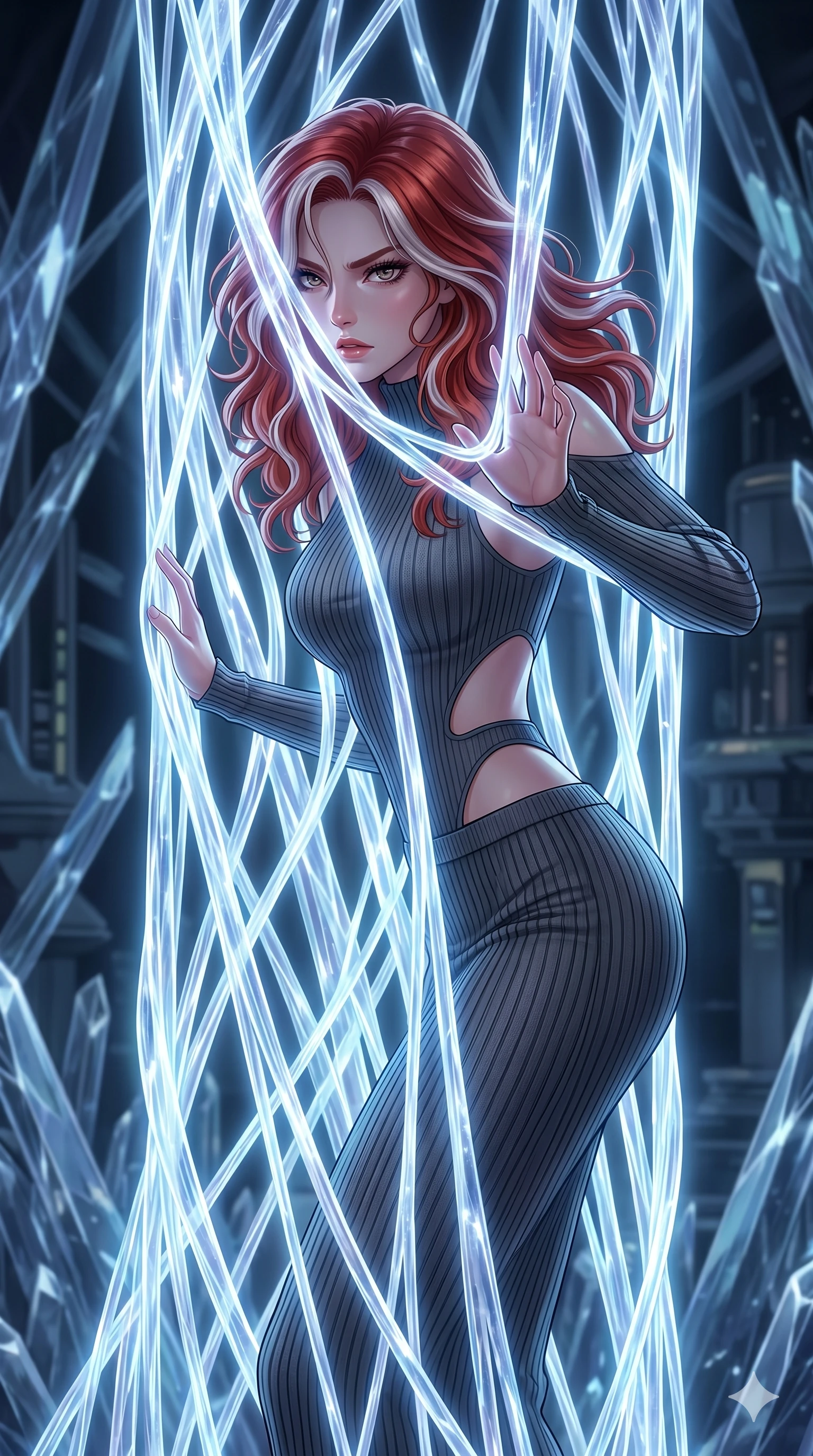 score_9, masterpiece, best quality, ultra-detailed, High-budget Anime Keyframe, East Asian woman. Dynamic full-body shot stretching the vertical silhouette to the limit. Scenario 202: Trapped in a cage of glowing crystalline fibers, body pressing against the bars. Her presence is magnetic and overpowering in this high-budget anime scene. Outfit 202: A ribbed bodycon knit second with a strategic side cut-outs and tight-fitting silhouette. The clothing is designed to emphasize her exceptionally tall and slender 8-heads proportion. 8-heads proportion, towering silhouette, ultra-slim waist. sharp v-shaped jawline, intricate jewel-like eyes with depth, thick eyelashes, glossy lips. 2k, ultra detail, master piece, 9:16 ratio