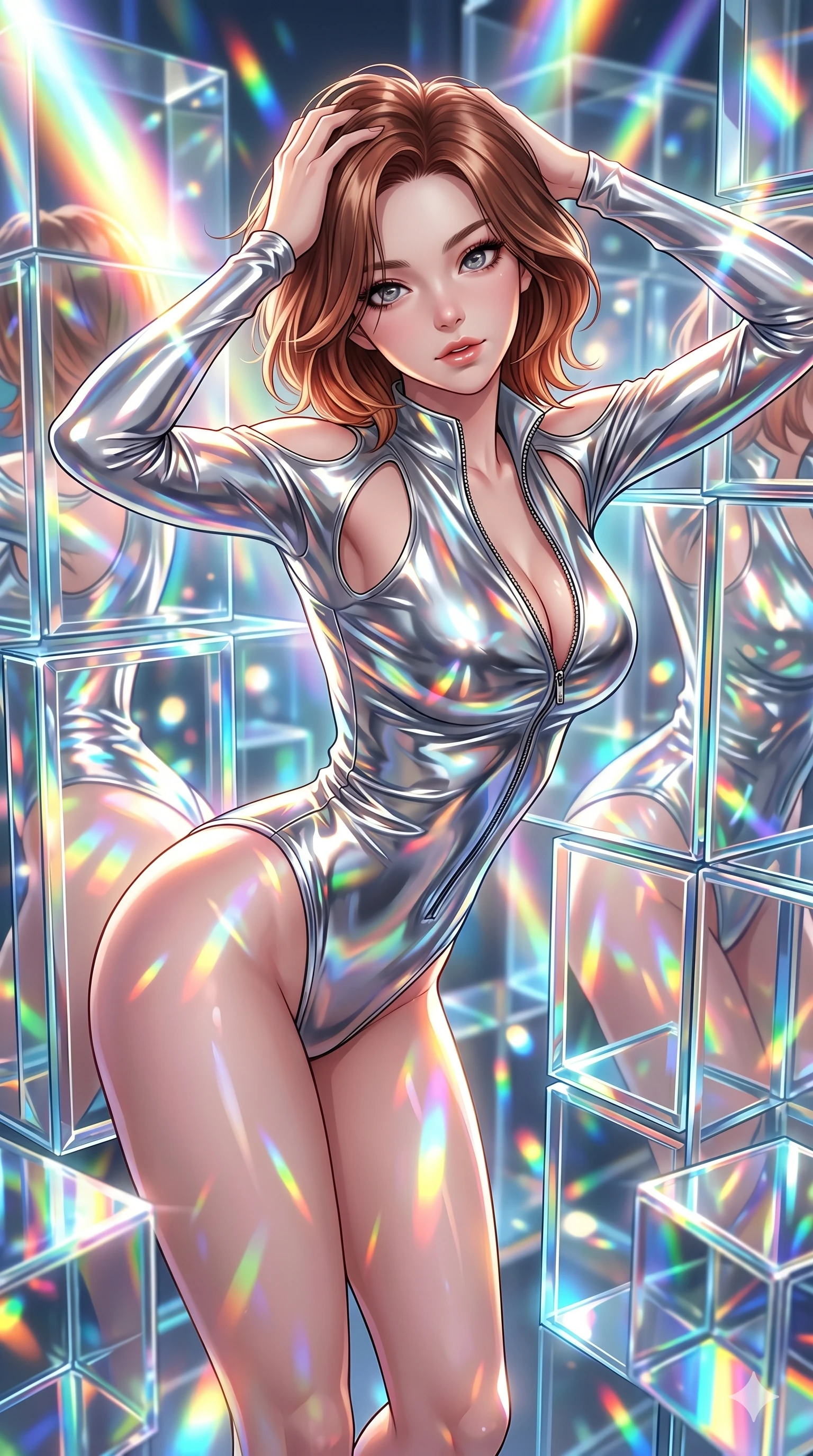 score_9, masterpiece, best quality, ultra-detailed, high-budget anime keyframe, editorial fashion photography, tasteful artistic composition, Korean woman. Upper body close-up from the thighs up, character filling the screen for maximum presence. She is bending sideways dynamically, reflecting in a maze of giant prismatic glass blocks that shower bright spectrums of light. She runs a hand through her hair with a playful, teasing expression. She has an absolutely perfect 8-heads proportion, an exceptionally tall and slender female figure with impossibly long slender legs and an ultra-slim waist. V-shaped jawline, high-bridge nose, intricate jewel-like eyes with depth, thick eyelashes, glossy lips with a natural sheen. She is wearing a form-fitting top made of molten liquid-mercury fabric that clings to her curves, with strategic tear-drop shoulder cutouts and a dangerously unzipped front collar. The scene is drenched in blindingly bright rainbow prismatic spotlights with sharp specular highlights. 2k, ultra detail, master piece, 9:16 ratio
