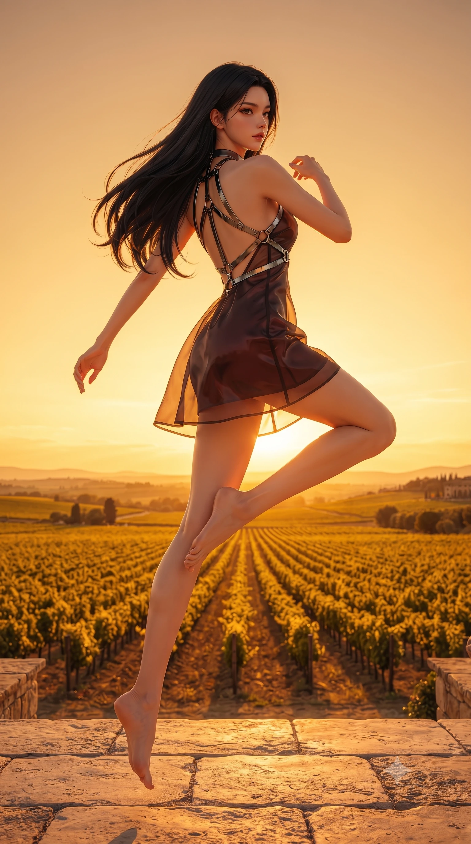 score_9, masterpiece, best quality, ultra-detailed, high-budget anime keyframe, editorial fashion photography, tasteful artistic composition, Korean woman. low angle full-body shot from head to toe showing her feet, filling the entire 9:16 vertical frame with her statuesque presence, stretching her vertical silhouette. leaping dynamically through the starry space, her posture full of power and elegance, standing on a limestone terrace of a Tuscan villa overlooking golden vineyards at sunset, intense golden-hour sunbeams casting warm amber light across her skin. She has an absolutely perfect, statuesque 8.5-heads proportion, an exceptionally tall and slender model-like female figure with impossibly long slender legs and an ultra-slim waist. sharp v-shaped jawline, high-bridge nose, intricate jewel-like eyes with depth, thick eyelashes, glossy lips with a natural sheen. wearing backless liquid vinyl mini slip dress with bare shoulder halter neckline in dark mahogany, made of sheer dark organza overlay, highlighted by a gunmetal metallic harness structure, following her slender form with tailored precision. lit by clear golden key rays casting soft graceful shadows. highly saturated vibrant anime colors, detailed shading with soft gradients, rich glossy textures, high-contrast stereoscopic depth, volumetric dynamic lighting, master piece, 9:16 ratio