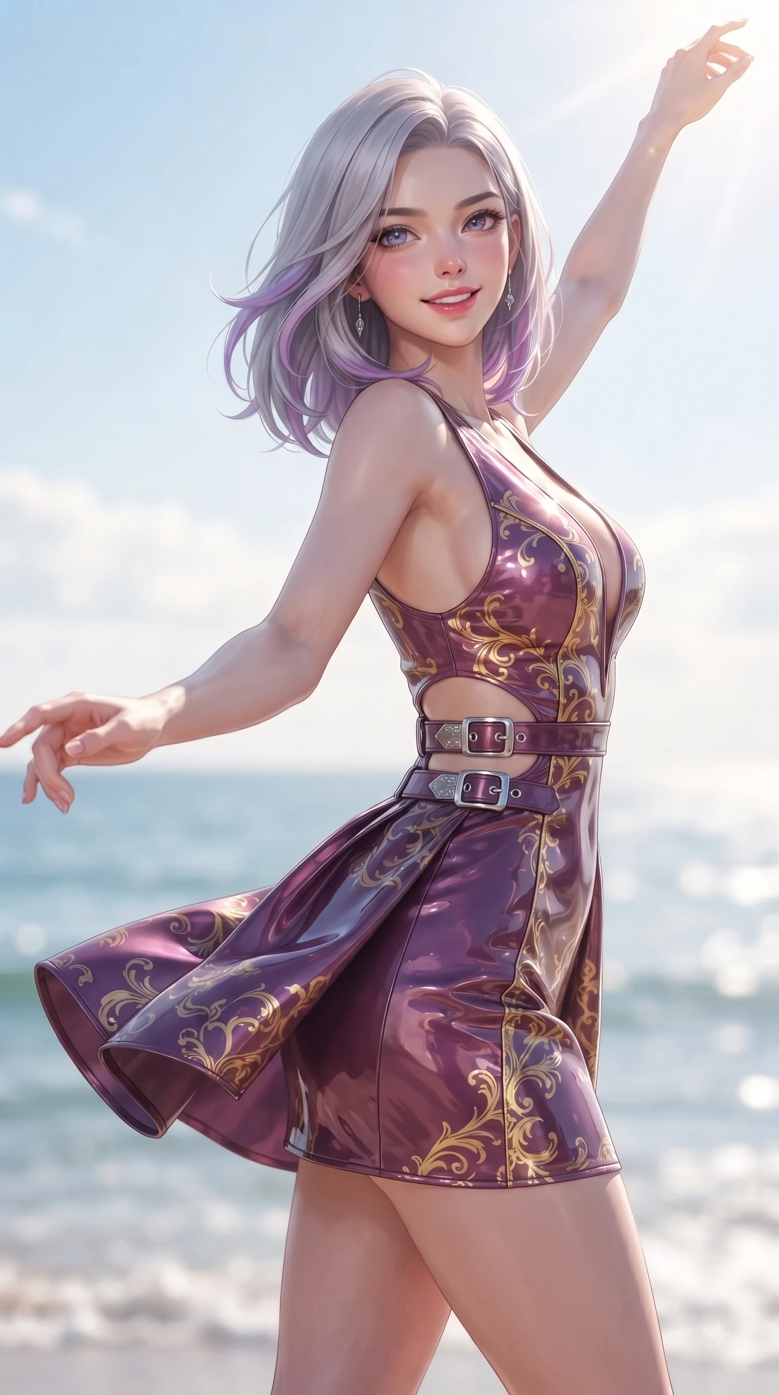 score_9, masterpiece, best quality, ultra-detailed, high-budget anime keyframe, editorial fashion photography, tasteful artistic composition, Caucasian woman. close-up cowboy shot from the waist and thighs up, the character dominates the composition, filling the frame with her large presence, background elements kept in soft focus. Extending one arm in an elegant stretch toward the sun while smiling with vibrant, magnetic self-assurance while reaching her arm out toward the ocean breeze while looking back with a warm delightful smile, fresh sea breezes swaying her lightweight resort gown into fluid, uplifting motions. She has an exceptionally elegant, slender, and willowy female figure with an ultra-slim waist, a gracefully sculpted slender torso, and a refined silhouette. sharp v-shaped jawline, high-bridge nose, intricate jewel-like eyes with depth, thick eyelashes, glossy lips with a natural sheen, flawlessly proportioned anatomical accuracy, natural body alignment, perfectly sculpted elegant limbs, clean dynamic posture without body distortion. wearing a liquid mercury gloss mini dress with ultra-deep V-neck and waist cutouts in plum purple and gold filigree, tailored from high-gloss patent leather, detailed with polished silver buckles along the waistline, the glove-like fit emphasizing her statuesque silhouette during motion. surrounded by a clear, sun-drenched atmosphere with crisp cheerful highlights. ultra-reflective glossy finish, specular highlights, metallic sheen, high-contrast stereoscopic depth, volumetric dynamic lighting, 2k, ultra detail, master piece, 9:16 ratio