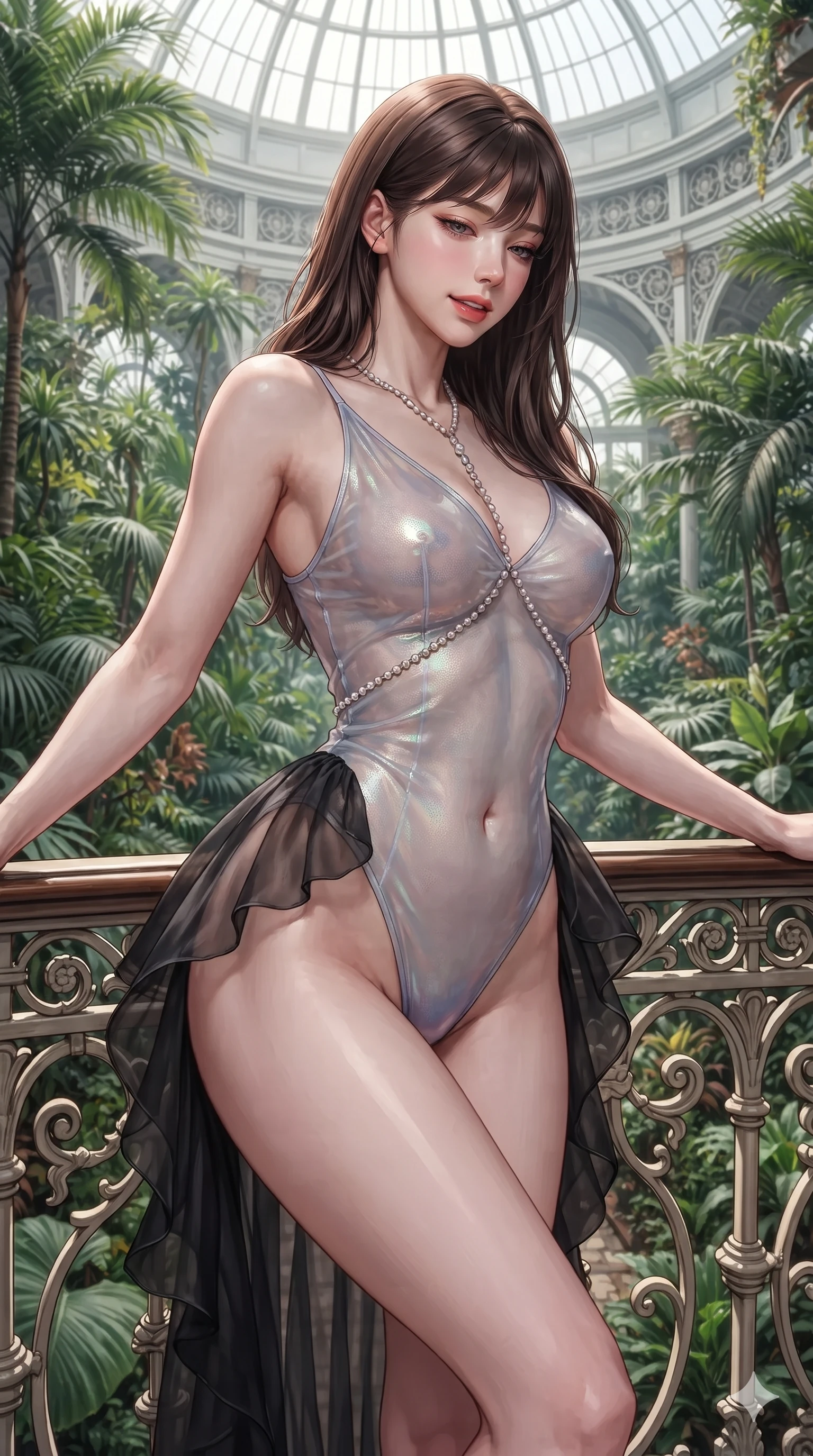 score_9, masterpiece, best quality, ultra-detailed, high-budget anime keyframe, editorial fashion photography, tasteful artistic composition, Korean woman. close-up cowboy shot from the waist and thighs up, the character dominates the composition, filling the frame with her large presence. leaning back against the balustrade with relaxed seductive grace, head tilted back slightly while casting a hypnotic, heavy-lidded gaze while leaning over the decorative iron balustrade with hips cocked back, gazing down into the lush tropical canopy with an enchanting siren smile. The surrounding environment is rendered in vivid detail and crisp panoramic clarity: detailed asymmetric liquid jersey nymph dress tailoring, dramatic hip-high slit, and Victorian structural engineering in razor-sharp precision. She has an exceptionally elegant, slender, and willowy female figure with an ultra-slim waist, flat toned midriff, narrow ribcage, and sculpted feminine hips creating an alluring, slim hourglass silhouette without bulk. sharp v-shaped jawline, high-bridge nose, sparkling eyes with hypnotic seductive depth, thick curled eyelashes, glossy parted lips with a natural dewy peach sheen, alluring bedroom-eyes with an enchanting coquettish smile, exuding magnetic siren charisma and sophisticated glamour, flawlessly proportioned anatomical accuracy, strict slender model proportions, natural body alignment, perfectly sculpted long slender limbs, ultra-slim waistline, clean dynamic posture without body distortion. wearing a delicate semi-translucent wet-look mesh bodysuit clinging sheerly to her sculpted torso and hip curves in iridescent mother-of-pearl and misty lavender, crafted from layered gossamer black organza with weightless, smoky flutter, finished with a pearl-drop body harness subtly framing her dewy collarbones and spine, the bespoke structured tailoring following the natural line of her 8.5-heads silhouette with refined elegance. bathed in glorious, unobstructed celestial daylight streaming through high conservatory cupolas. ultra-reflective glossy finish, specular highlights, rich textural contrasts, high-contrast stereoscopic depth, volumetric dynamic lighting, 2k, ultra detail, master piece, 9:16 ratio