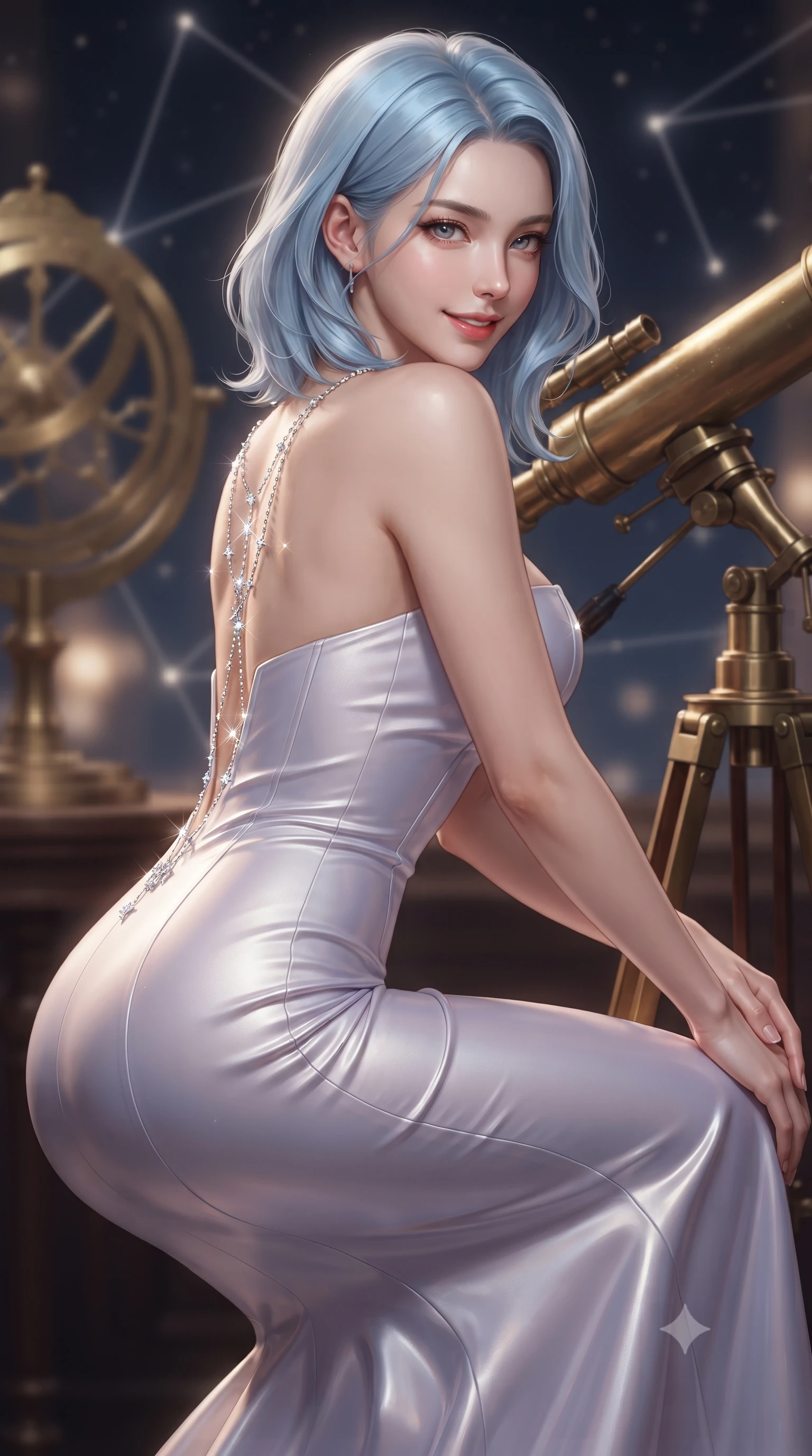 score_9, masterpiece, best quality, ultra-detailed, high-budget anime keyframe, editorial fashion photography, tasteful artistic composition, Korean woman. close-up cowboy shot from the waist and thighs up, the character dominates the composition, filling the frame with her large presence. turning over a bare shoulder with an intoxicating, teasing smile, her soft hair framing her sharp jawline as her hips angle gracefully while crouching gracefully beside the brass telescope mount, looking back with parted glossy lips as galactic starlight washes over her curves. The composition keeps background elements in soft focus with creamy bokeh. glowing brass astrolabe gears and constellation hologram lines softened in romantic shallow focus. She has an exceptionally elegant, slender, and willowy female figure with an ultra-slim waist, a gracefully sculpted slender torso, toned flat midriff, and rounded feminine hips creating an alluring hourglass silhouette. sharp v-shaped jawline, high-bridge nose, intricate jewel-like eyes with depth, thick eyelashes, glossy parted lips with a natural sheen, intensely captivating and seductive bedroom-eyes expression, flawlessly proportioned anatomical accuracy, strict slender model proportions, natural body alignment, perfectly sculpted long slender limbs, ultra-slim waistline, clean dynamic posture without body distortion. wearing a midnight silk crepe mermaid gown featuring an architectural strapless neckline and bodycon hip hug in pearlescent opal with soft violet luster, tailored from fluid silk crepe with delicate inner corsetry boning, accented with a glittering crystal constellation back chain tracing her bare spine, the form-contouring material adhering flawlessly to her sculpted flat midriff and slender torso, emphasizing her long leg lines and perfectly proportioned willowy build. illuminated by starlight edge lights carving her slender waist, bare collarbones, and feminine hip line. ultra-reflective glossy finish, specular highlights, rich textural contrasts, high-contrast stereoscopic depth, volumetric dynamic lighting, 2k, ultra detail, master piece, 9:16 ratio
