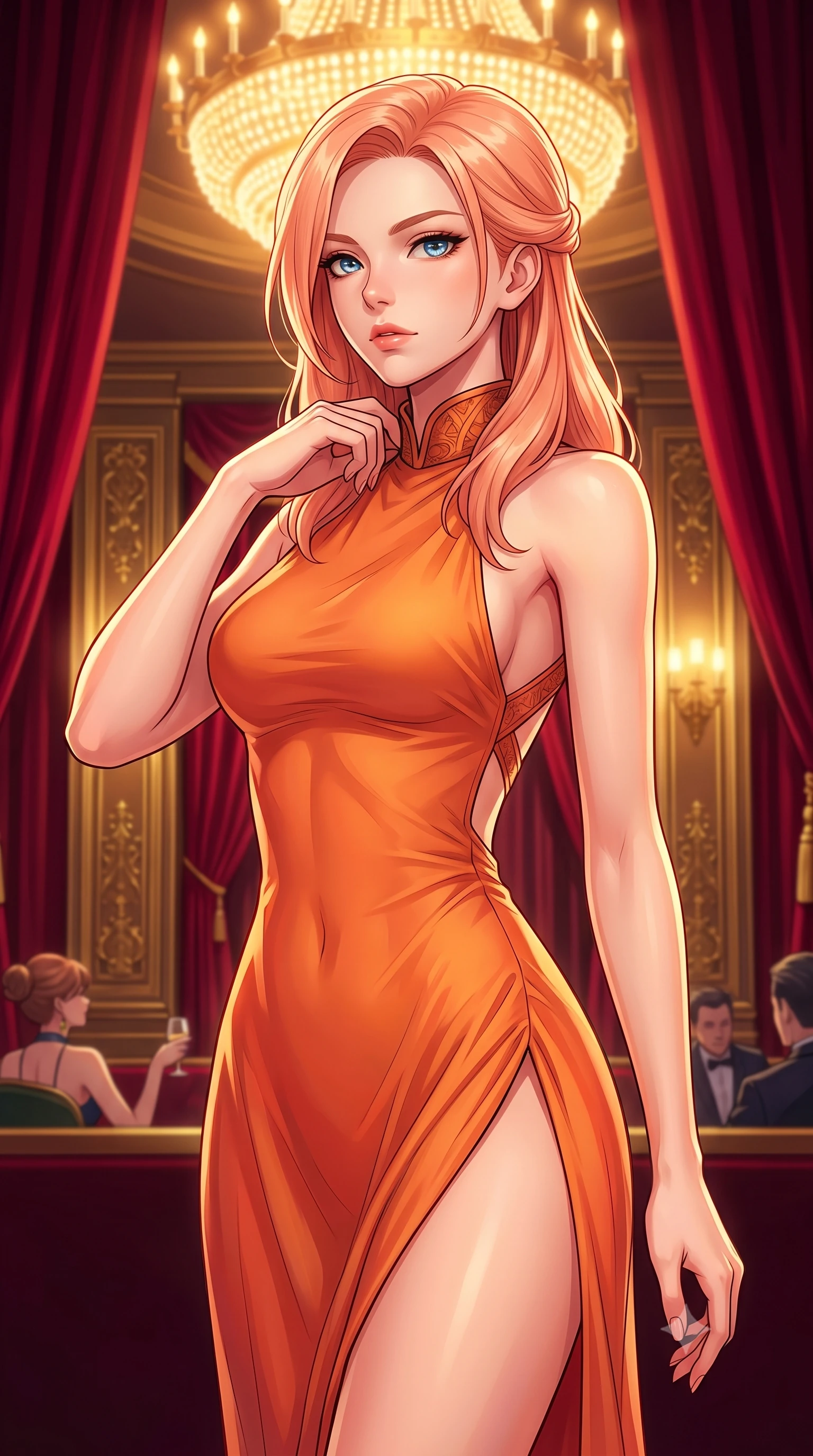 score_9, masterpiece, best quality, ultra-detailed, high-budget anime keyframe, editorial fashion photography, tasteful artistic composition, Japanese woman. close-up cowboy shot from the waist and thighs up, the character dominates the composition, filling the frame with her large presence, background elements kept in soft focus. adjusting the high collar of her body-hugging suit, looking past the camera with quiet, sharp focus and a composed expression, the background shows a soft-focus a VIP lounge suite draped in heavy crimson velvet and gold brass panels. She has an exceptionally elegant, slender, and willowy female figure with an ultra-slim waist, a gracefully sculpted slender torso, and a refined silhouette. sharp v-shaped jawline, high-bridge nose, intricate jewel-like eyes with depth, thick eyelashes, glossy lips with a natural sheen. wearing a form-contouring high-slit space combat gown in sunset orange chiffon, featuring a daring thigh-slit and an open-back design. warm golden light from the massive theater chandelier casting a soft wash. highly saturated vibrant anime colors, detailed shading with soft gradients, rich glossy textures, high-contrast stereoscopic depth, volumetric dynamic lighting, master piece, 9:16 ratio