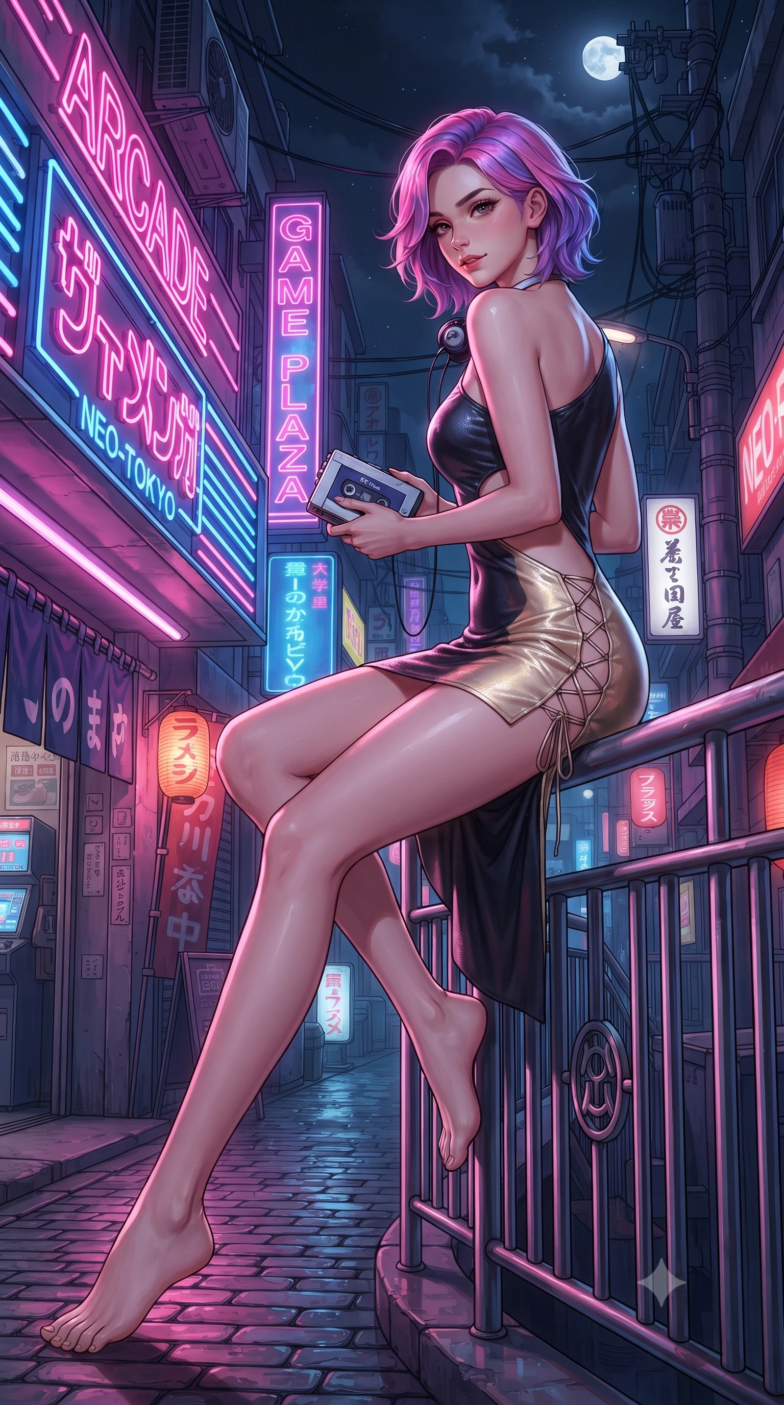 score_9, masterpiece, best quality, ultra-detailed, high-budget anime keyframe, editorial fashion photography, tasteful artistic composition, Caucasian woman. low angle full-body shot from head to toe showing her feet, filling the entire 9:16 vertical frame with her statuesque presence, stretching her vertical silhouette. walking along the moonlit terrace with poise, looking back over her bare shoulder with an irresistible smoldering bedroom-gaze while sitting perched on the metal railing of the arcade entrance with legs extended, holding a cassette walkman with effortless 80s cool. The surrounding environment is rendered in vivid detail and crisp panoramic clarity: detailed vinyl mini-skirt shine, subtle mesh fabric texture, and authentic Showa-era alley architecture in razor-sharp precision. She has an absolutely perfect, statuesque 8.5-heads proportion, an exceptionally tall and slender model-like female figure with impossibly long slender legs, an ultra-slim waist, a flat toned midriff, narrow delicate ribcage, and beautifully sculpted feminine hips creating a graceful, slim hourglass silhouette without any bulky heaviness. sharp v-shaped jawline, high-bridge nose, sparkling eyes with hypnotic seductive depth, thick curled eyelashes, glossy parted lips with a natural dewy peach sheen, alluring bedroom-eyes with an enchanting coquettish smile, exuding magnetic siren charisma and sophisticated glamour, flawlessly proportioned anatomical accuracy, strict slender model proportions, natural body alignment, perfectly sculpted long slender limbs, ultra-slim waistline, clean dynamic posture without body distortion. wearing an asymmetric one-shoulder metallic disco mini dress with a dramatic side cutout hugging her waist and hips in midnight obsidian black and shimmering liquid champagne gold, crafted from fluid liquid silk satin that clings smoothly to every curve with a dewy sheen, featuring fine criss-cross lace-up side ties revealing tantalizing glimpses of her hip curve, the second-skin tailored fabric adhering flawlessly to her sculpted flat midriff and slender torso, emphasizing her long leg lines and perfectly proportioned willowy build. bathed in saturated neon pink and cobalt blue light spilling horizontally from arcade marquees. ultra-reflective glossy finish, specular highlights, rich textural contrasts, high-contrast stereoscopic depth, volumetric dynamic lighting, 2k, ultra detail, master piece, 9:16 ratio