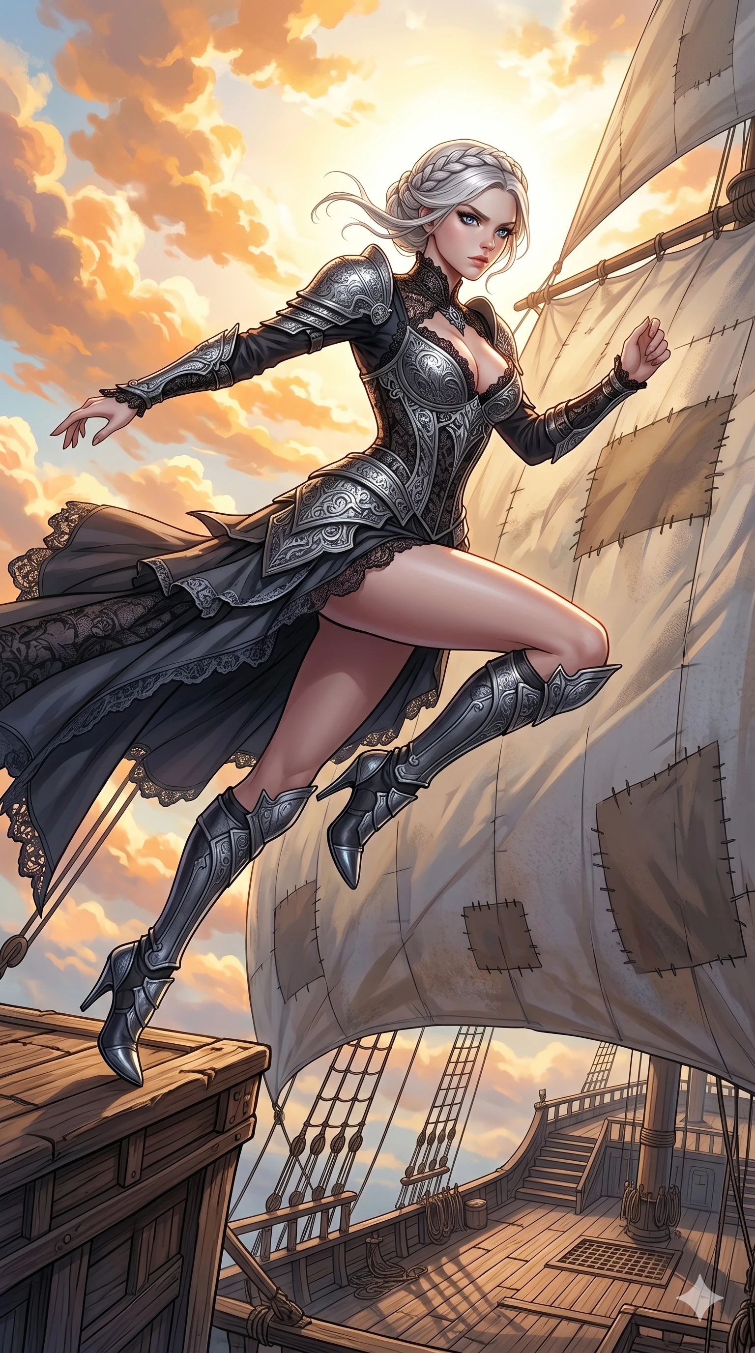 score_9, masterpiece, best quality, ultra-detailed, Set C: High-budget Anime Keyframe, Korean woman. Low angle cowboy shot filling the entire 9:16 frame with her statuesque presence. Leaping across the sails of a giant airship in the clouds. She has an absolutely perfect 8-heads proportion, an exceptionally tall and slender female figure with impossibly long slender legs and an ultra-slim waist. Sharp v-shaped jawline, high-bridge nose, intricate jewel-like eyes with depth, thick eyelashes, glossy lips. Wearing a Dark Fantasy outfit: gothic lace corset gown with silver armor and a plunging neckline. Background is a bright and colorful sky with vibrant orange clouds and a wooden airship deck. 2k, ultra detail, master piece, 9:16 ratio