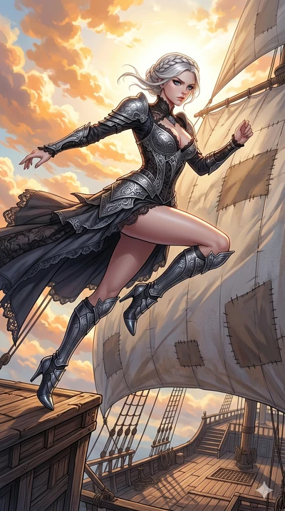 score_9, masterpiece, best quality, ultra-detailed, Set C: High-budget Anime Keyframe, Korean woman. Low angle cowboy shot filling the entire 9:16 frame with her statuesque presence. Leaping across the sails of a giant airship in the clouds. She has 