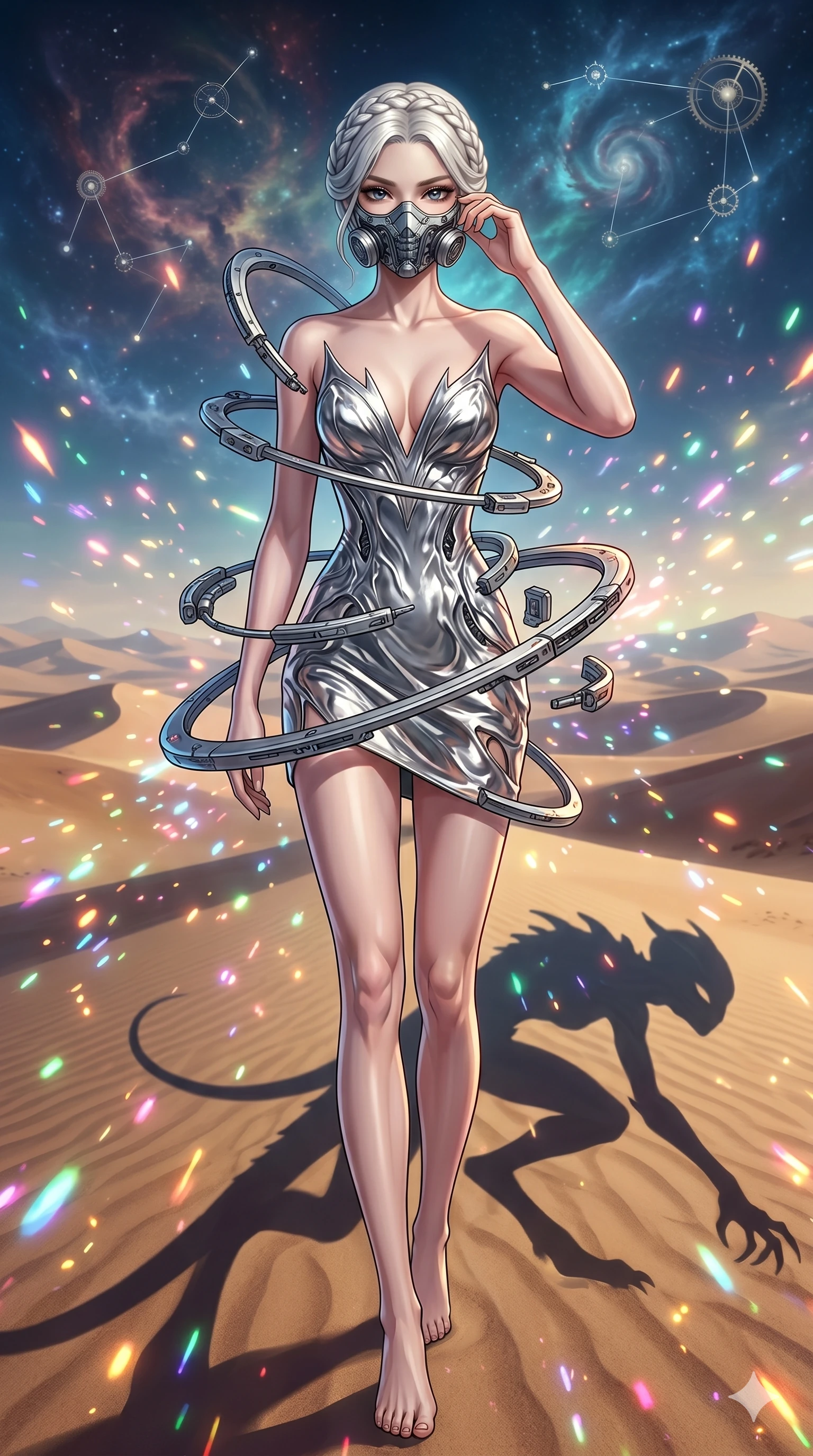 score_9, masterpiece, best quality, ultra-detailed, Set A: High-budget Anime Keyframe, Japanese woman. Low angle cowboy shot filling the entire 9:16 frame with her statuesque presence. Adjusting a mask through a clockwork desert, while her shadow mimics the movements of a predator 245 and surrounded by glowing energy sparks. She has an absolutely perfect 8-heads proportion, an exceptionally tall and slender female figure with impossibly long slender legs and an ultra-slim waist. Sharp v-shaped jawline, high-bridge nose, intricate jewel-like eyes with depth, thick eyelashes, glossy lips with a natural sheen. Wearing Molten silver texture dress with a sharp V-neckline and floating mechanical rings. Cinematic lighting, vibrant colors, dramatic shadows, 2k, ultra detail, master piece, 9:16 ratio