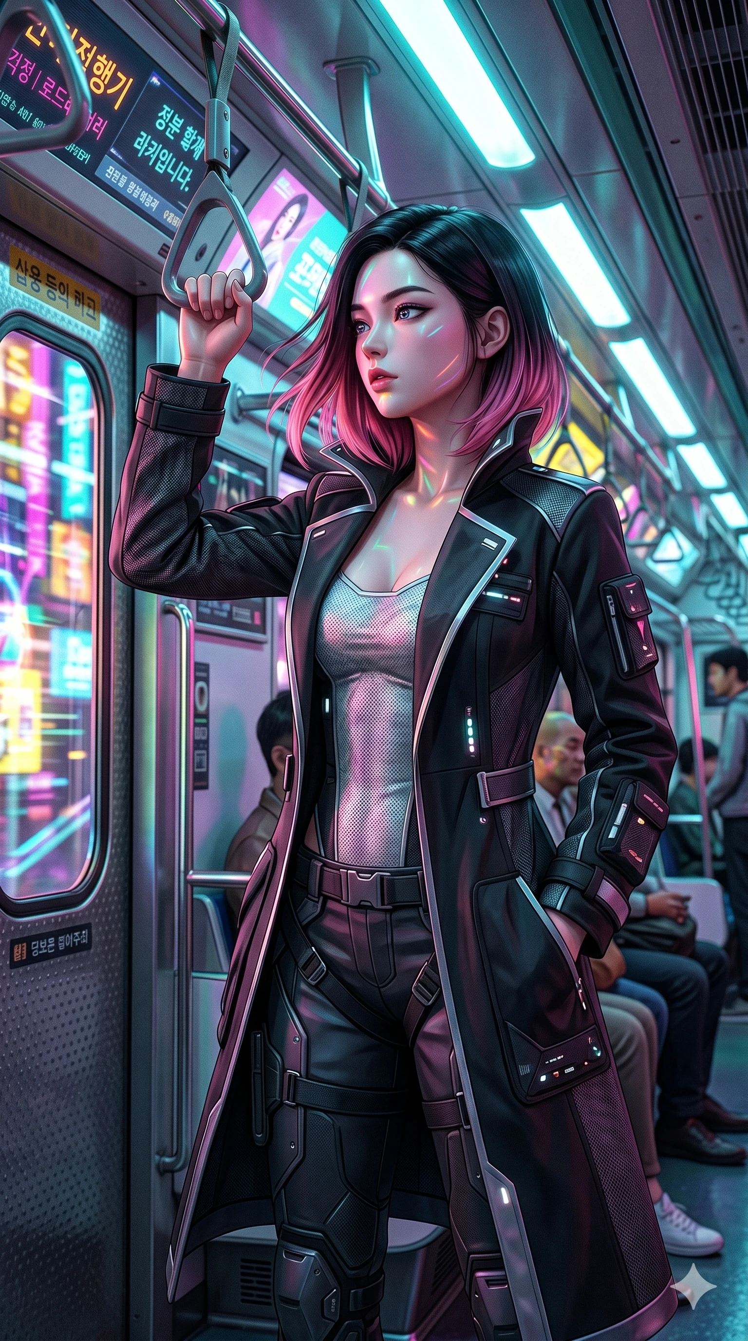 score_9, masterpiece, best quality, ultra-detailed, high-budget anime keyframe, semi-realistic 3D game render, Korean woman. Upper body close-up from the thighs up, character filling the screen for maximum presence. Standing in a subway car with holographic ads flashing outside, holding onto a grab loop, looking thoughtful as the lights sweep over her. She is wearing a tailored tech-wear trench coat worn open over a silver bodice and dark trousers. The scene is bathed in alternating neon colors from the tunnel advertisements. 2k, ultra detail, master piece, 9:16 ratio