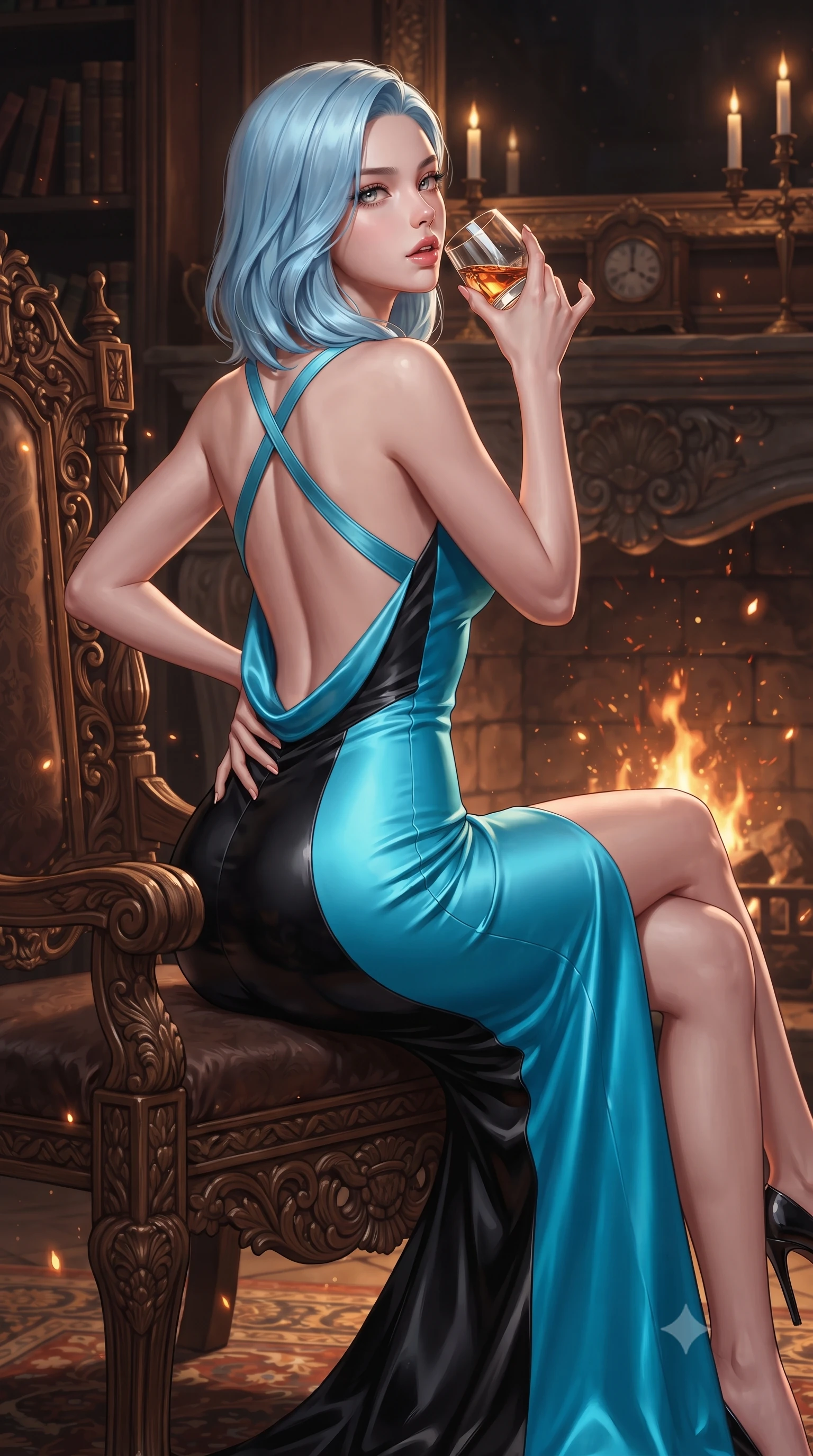 score_9, masterpiece, best quality, ultra-detailed, high-budget anime keyframe, editorial fashion photography, tasteful artistic composition, Korean woman. close-up cowboy shot from the waist and thighs up, the character dominates the composition, filling the frame with her large presence. tilting her chin up with proud, sovereign allure while gazing through thick eyelashes, one hand resting on her waist in pure supermodel charisma while sitting high on an antique carved oak throne before a roaring stone fireplace with legs crossed, raising a crystal dram to her parted glossy lips while looking over her shoulder. The composition keeps background elements in soft focus with creamy bokeh. rising fireplace sparks and candle flame refractions scattering warm decadent amber light motes. She has an exceptionally elegant, slender, and willowy female figure with an ultra-slim waist, flat toned midriff, narrow ribcage, and sculpted feminine hips creating an alluring, slim hourglass silhouette without bulk. sharp v-shaped jawline, high-bridge nose, intricate jewel-like eyes with depth, thick eyelashes, glossy parted lips with a natural sheen, intensely captivating and seductive bedroom-eyes expression, flawlessly proportioned anatomical accuracy, strict slender model proportions, natural body alignment, perfectly sculpted long slender limbs, ultra-slim waistline, clean dynamic posture without body distortion. wearing a sculptured liquid-satin mermaid gown with an ultra-deep cowl back descending to the base of her spine in electric cyan and high-gloss lacquer black, tailored from ultra-smooth duchess satin with a pearlescent sheen, finished with criss-cross back satin straps highlighting her graceful shoulder blades, the glove-like aerodynamic silhouette tightly following the natural contour of her hips and long slender legs with statuesque 8.5-heads elegance. illuminated by crisp directional rim lighting sharply carving her razor-sharp jawline, narrow waist, and curvy hips. ultra-reflective glossy finish, specular highlights, rich textural contrasts, high-contrast stereoscopic depth, volumetric dynamic lighting, 2k, ultra detail, master piece, 9:16 ratio