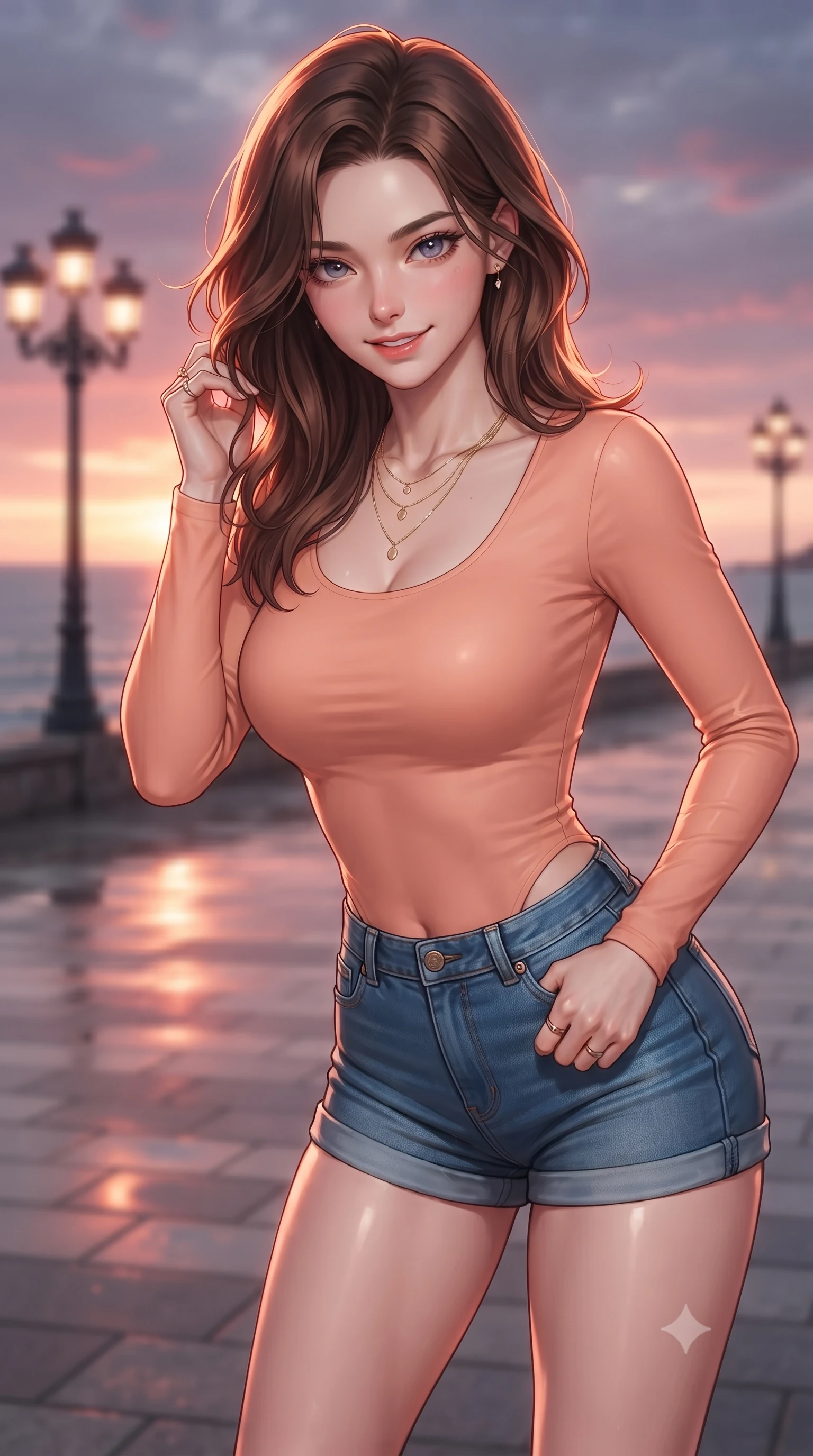 score_9, masterpiece, best quality, ultra-detailed, high-budget anime keyframe, editorial fashion photography, tasteful artistic composition, Korean woman woman. close-up cowboy shot from the waist and thighs up, the character dominates the composition, filling the frame with her large presence, background elements kept in soft focus. leaning slightly forward with a playful, teasing smile, her gaze locked onto the viewer the background shows a soft-focus a paved promenade with classic lamp posts overlooking a calm sea at sunset. She has an exceptionally elegant, slender, and willowy female figure with an ultra-slim waist, a gracefully sculpted slender torso, and a refined silhouette. sharp v-shaped jawline, high-bridge nose, intricate jewel-like eyes with depth, thick eyelashes, glossy lips with a natural sheen. wearing a body-hugging form-contouring long-sleeve bodysuit in peach, worn with tight-fitting denim shorts. the warm red and violet glow of twilight reflecting on the pavement. ultra-reflective glossy finish, specular highlights, metallic sheen, high-contrast stereoscopic depth, volumetric dynamic lighting, 2k, ultra detail, master piece, 9:16 ratio