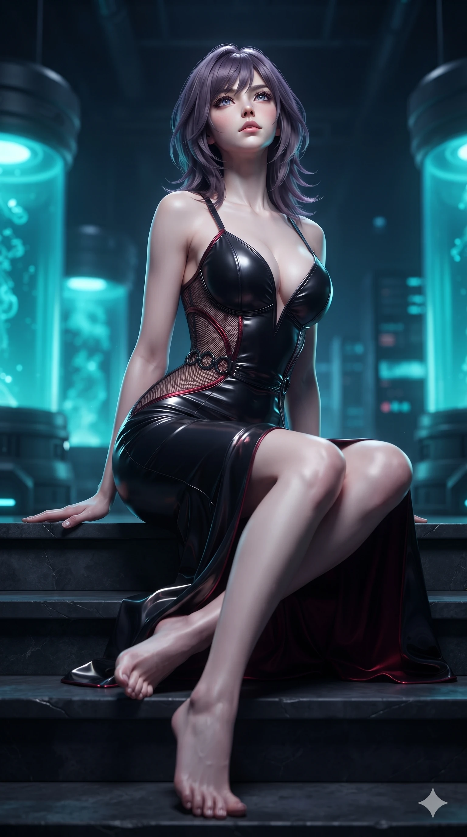 score_9, masterpiece, best quality, ultra-detailed, high-budget anime keyframe, editorial fashion photography, tasteful artistic composition, Japanese woman. low angle full-body shot from head to toe showing her feet, filling the entire 9:16 vertical frame with her statuesque presence, stretching her vertical silhouette. sitting poised on the dark stone steps with one knee bent, arching her spine with supermodel elegance as she glances upward through thick eyelashes while navigating the midnight sanctuary with an effortless, graceful stride, her dark tailored fit highlighting her hourglass curves. The background shows a soft-focus cylindrical stasis chambers glowing with cyan bioluminescent fluid, distant server monoliths, and neon scan grids blurred into cyan, cobalt, and obsidian bokeh. She has an absolutely perfect, statuesque 8.5-heads proportion, an exceptionally tall and slender model-like female figure with impossibly long slender legs, an ultra-slim waist, a flat toned midriff, narrow delicate ribcage, and beautifully sculpted feminine hips creating a graceful, slim hourglass silhouette without any bulky heaviness. sharp v-shaped jawline, high-bridge nose, intricate jewel-like dark sparkling eyes with hypnotic seductive depth, thick curled eyelashes, glossy parted lips with a natural wine sheen, alluring bedroom-eyes with an enigmatic smoldering smile, exuding magnetic sovereign charisma and dark avant-garde glamour, flawlessly proportioned anatomical accuracy, strict slender model proportions, natural body alignment, perfectly sculpted long slender limbs, ultra-slim waistline, clean dynamic posture without body distortion. wearing an alluring plunging sweetheart bodice dress with sheer mesh side-waist cutouts contouring her ribs in crimson laser red and cold midnight shadow tones, tailored from soft dark satin with subtle light-absorbing depth, trimmed with dark chrome ring hardware along the waist contours, contouring every curve with an exceptionally elegant silhouette and captivating allure. surrounded by a cool cybernetic aura with intense edge lighting and glowing cyan stasis backlights. ultra-reflective glossy finish, specular highlights, metallic sheen, high-contrast stereoscopic depth, volumetric dynamic lighting, 2k, ultra detail, master piece, 9:16 ratio