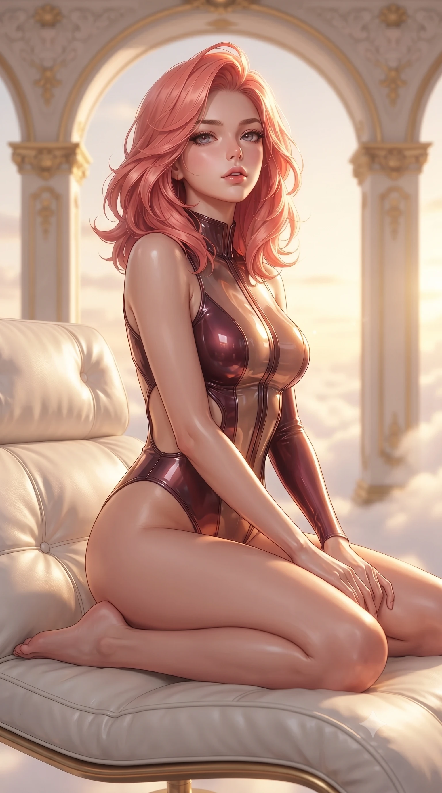 score_9, masterpiece, best quality, ultra-detailed, high-budget anime keyframe, editorial fashion photography, tasteful artistic composition, Japanese woman. close-up cowboy shot from the waist and thighs up, the character dominates the composition, filling the frame with her large presence, background elements kept in soft focus. Tilting her chin up slightly with lips parted in a magnetic, composed expression resting on a luxurious white lounge chair overlooking a floating sky island, opulent gold-leaf trim and carved ivory archways framed beautifully. She has an exceptionally elegant, slender, and willowy female figure with an ultra-slim waist, a gracefully sculpted slender torso, and a refined silhouette. sharp v-shaped jawline, high-bridge nose, intricate jewel-like eyes with depth, thick eyelashes, glossy lips with a natural sheen. wearing a high-cut translucent vinyl leotard with front paneling and open back in deep burgundy and bronze, woven from fine semi-opaque sheer organza, featuring clean architectural cutouts along her slender torso, the glove-like fit emphasizing her statuesque silhouette. illuminated by soft glowing sunset radiance with dramatic golden rim highlights. ultra-reflective glossy finish, specular highlights, metallic sheen, high-contrast stereoscopic depth, volumetric dynamic lighting, 2k, ultra detail, master piece, 9:16 ratio