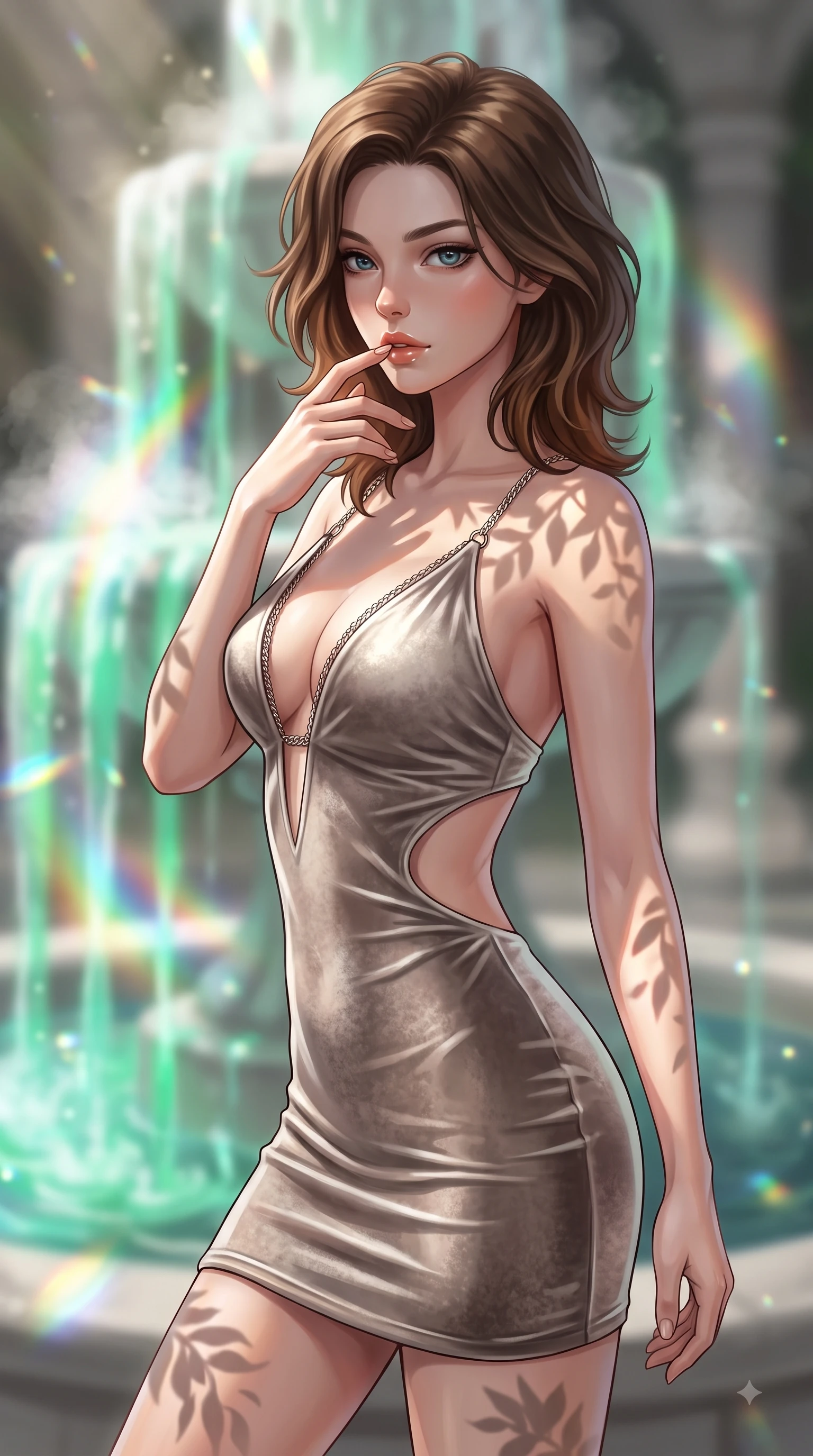 score_9, masterpiece, best quality, ultra-detailed, high-budget anime keyframe, editorial fashion photography, tasteful artistic composition, Korean woman. close-up cowboy shot from the waist and thighs up, the character dominates the composition, filling the frame with her large presence, background elements kept in soft focus. Resting two fingers near her glossy lips, casting a sharp mysterious side-gaze during her dynamic motion while pivoting dynamically beside a hydro-flow spiral fountain flowing with bioluminescent emerald sap, steam clouds refracting sunlight into brilliant rainbow prisms around her form. She has an exceptionally elegant, slender, and willowy female figure with an ultra-slim waist, a gracefully sculpted slender torso, and a refined silhouette. sharp v-shaped jawline, high-bridge nose, intricate jewel-like eyes with depth, thick eyelashes, glossy lips with a natural sheen, flawlessly proportioned anatomical accuracy, natural body alignment, perfectly sculpted elegant limbs, clean dynamic posture without body distortion. wearing a liquid mercury gloss mini dress with ultra-deep V-neck and waist cutouts in muted taupe and soft ivory, made of premium stretch velvet with a rich sheen, adorned with delicate metallic chain straps along the neckline, the tailored fabric tightly following every curve of her athletic build. illuminated by brilliant sunbeams casting organic leaf stencil shadows. ultra-reflective glossy finish, specular highlights, metallic sheen, high-contrast stereoscopic depth, volumetric dynamic lighting, 2k, ultra detail, master piece, 9:16 ratio