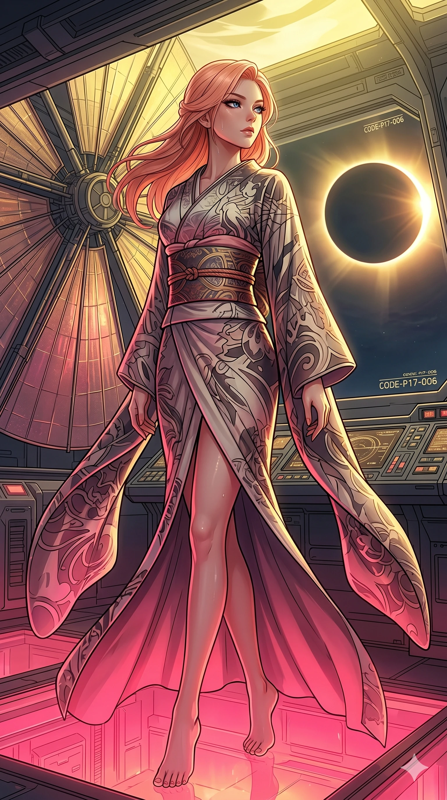 score_9, masterpiece, best quality, ultra-detailed, high-budget anime keyframe, editorial fashion photography, tasteful artistic composition, Japanese woman. cowboy shot from the thighs up, character and outfit filling the frame for maximum editorial presence. gazing past the camera with an air of effortless superiority inside a solar sail observation deck during a solar eclipse (Code-P17-006). She has an absolutely perfect 8-heads proportion, an exceptionally tall and slender female figure with impossibly long slender legs and an ultra-slim waist. V-shaped jawline, high-bridge nose, intricate jewel-like eyes with depth, thick eyelashes, glossy lips with a natural sheen. wearing a traditional wrap kimono dress with a wide obi belt and long elegant sleeves. bathed in a dramatic contrast of hot pink furnace glow from below and cool golden light from above. 2k, ultra detail, master piece, 9:16 ratio
