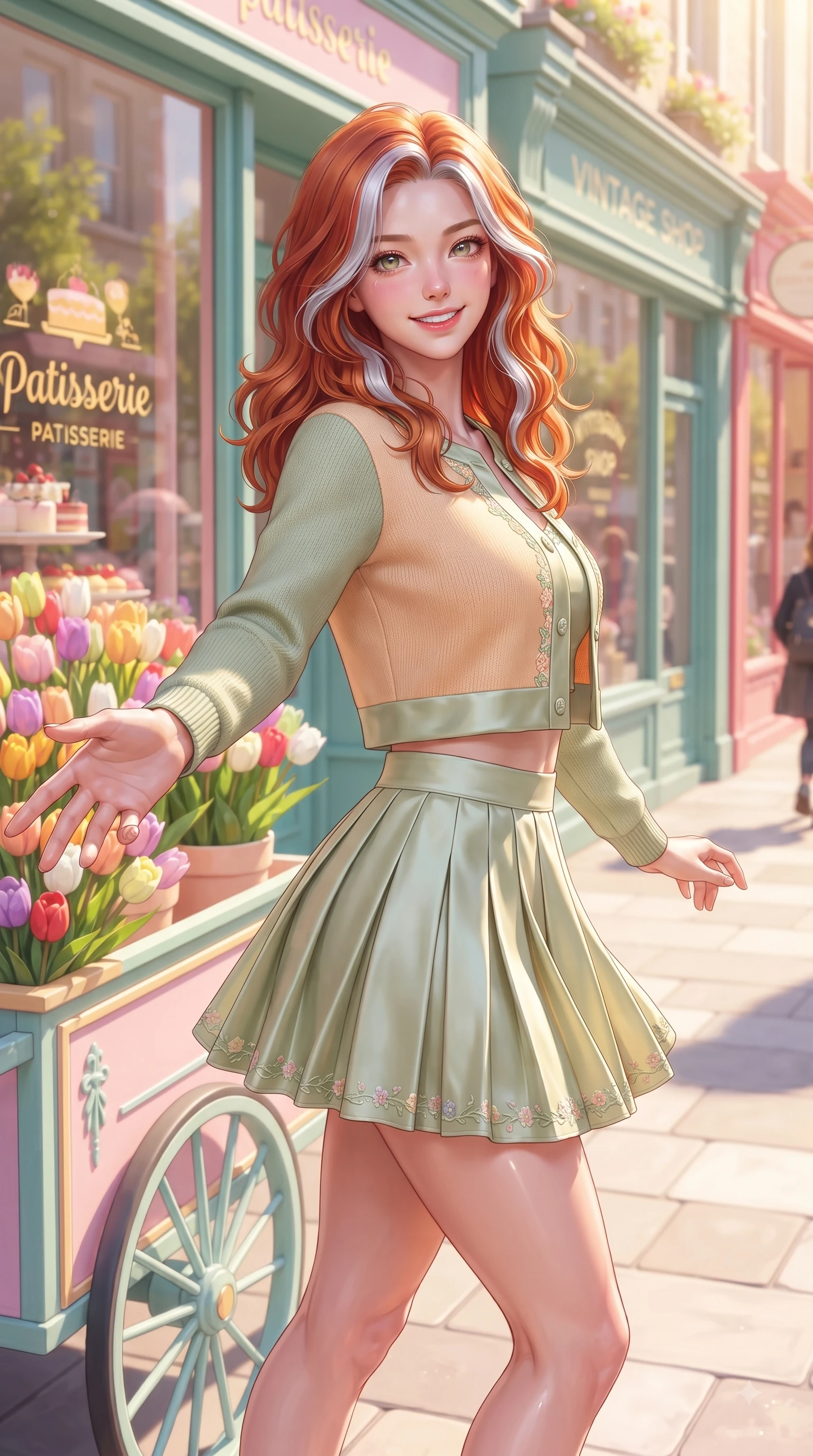score_9, masterpiece, best quality, ultra-detailed, high-budget anime keyframe, editorial fashion photography, tasteful artistic composition, Caucasian woman. close-up cowboy shot from the waist and thighs up, the character dominates the composition, filling the frame with her large presence. Fresh enchanting smile, her eyes twinkling like jewels in the bright sunlight as one arm reaches out cheerfully while pivoting playfully near a pastel flower cart holding a bouquet of colorful tulips with a beaming smile. The surrounding environment is rendered in vivid detail and crisp panoramic clarity. colorful storefront windows reflecting bright spring sunlight with rich environmental clarity. She has an exceptionally elegant, slender, and willowy female figure with an ultra-slim waist, a gracefully sculpted slender torso, and a refined silhouette. sharp v-shaped jawline, high-bridge nose, intricate jewel-like eyes with depth, thick eyelashes, glossy lips with a natural sheen, flawlessly proportioned anatomical accuracy, natural body alignment, perfectly sculpted elegant limbs, clean dynamic posture without body distortion. wearing a chic cropped pastel cardigan with a high-waisted pleated tennis skirt in warm apricot and sage green, crafted from smooth fluid silk satin, complemented by delicate embroidered floral trim along the hem, the tailored casual silhouette highlighting her fresh and youthful presence. surrounded by a fresh, uplifting, and romantic spring street ambiance. ultra-reflective glossy finish, specular highlights, metallic sheen, high-contrast stereoscopic depth, volumetric dynamic lighting, 2k, ultra detail, master piece, 9:16 ratio