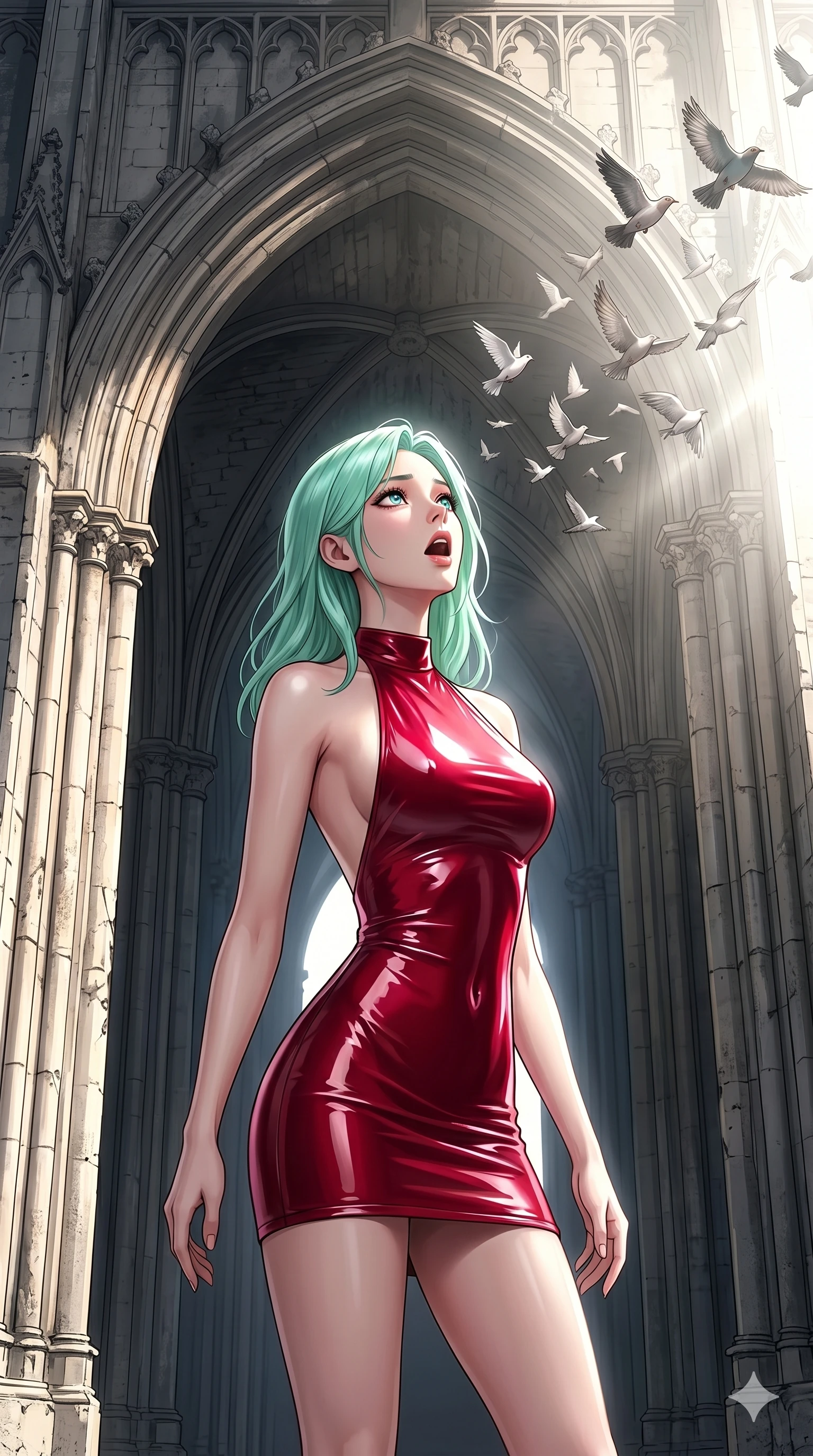 score_9, masterpiece, best quality, ultra-detailed, high-budget anime keyframe, editorial fashion photography, tasteful artistic composition, Japanese woman. cowboy shot from the thighs up, character and outfit filling the frame for maximum editorial presence. tilting her head back in sheer disbelief, her jaw slightly dropped and eyes wide with wonder standing under an old cathedral archway as a flock of birds bursts out (Scenario Code U-16). She has an absolutely perfect 8-heads proportion, an exceptionally tall and slender female figure with impossibly long slender legs and an ultra-slim waist. V-shaped jawline, high-bridge nose, intricate jewel-like eyes with depth, thick eyelashes, glossy lips with a natural sheen. wearing a sleek crimson vinyl mini-dress with a bold halter neck and dramatic open-back. illuminated by the sudden blinding white flash of a nearby explosion or searchlight. 2k, ultra detail, master piece, 9:16 ratio