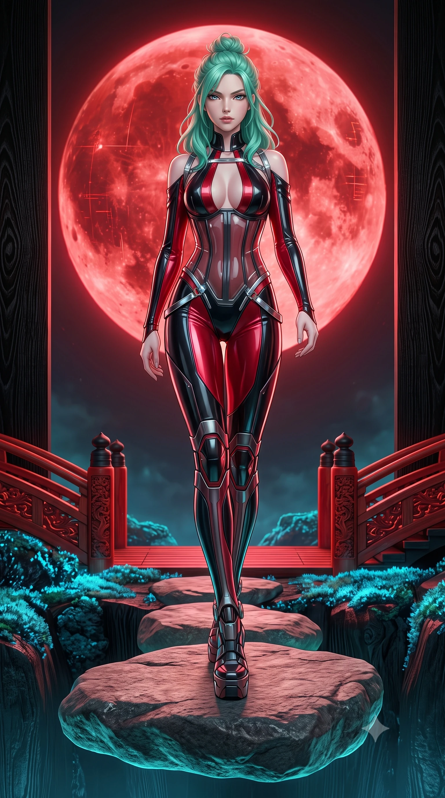 score_9, masterpiece, best quality, ultra-detailed, high-budget anime keyframe, semi-realistic 3D game render, editorial fashion photography, tasteful artistic composition, Japanese woman. low angle full-body shot from head to toe showing her feet, filling the entire 9:16 vertical frame with her statuesque presence, stretching her vertical silhouette. striding forward in a proud, statuesque motion with a dangerous smolder, her vertical silhouette dominating the frame from head to toe while balancing with flawless poise on a floating stepping stone overlooking a blood-red cyber moon. The surrounding environment is rendered in vivid detail and crisp panoramic clarity. intricate black lacquer wood grain, glowing blue moss textures, and vermilion bridge carvings in deep focus. She has an absolutely perfect, statuesque 8.5-heads proportion, an exceptionally tall and slender model-like female figure with impossibly long slender legs and an ultra-slim waist. sharp v-shaped jawline, high-bridge nose, intricate jewel-like eyes with depth, thick eyelashes, glossy lips with a natural sheen, flawlessly proportioned anatomical accuracy, natural body alignment, perfectly sculpted elegant limbs, clean dynamic posture without body distortion. wearing a translucent cybernetic corset in semi-opaque structured vinyl, combined with detached sleeves and a deep-plunging neckline secured by glowing micro-straps in glossy obsidian black and radiant crimson red, tailored from semi-translucent cybernetic vinyl with glowing micro-filaments, reinforced by a sleek metallic chrome harness and delicate glowing micro-straps, the form-contouring second-skin material highlighting her ultra-slim waist and long lines. bathed in dramatic crimson blood-moon backlighting and glowing cyan moss ambient fill. highly saturated vibrant anime colors, detailed shading with soft gradients, rich glossy textures, high-contrast stereoscopic depth, volumetric dynamic lighting, master piece, 9:16 ratio