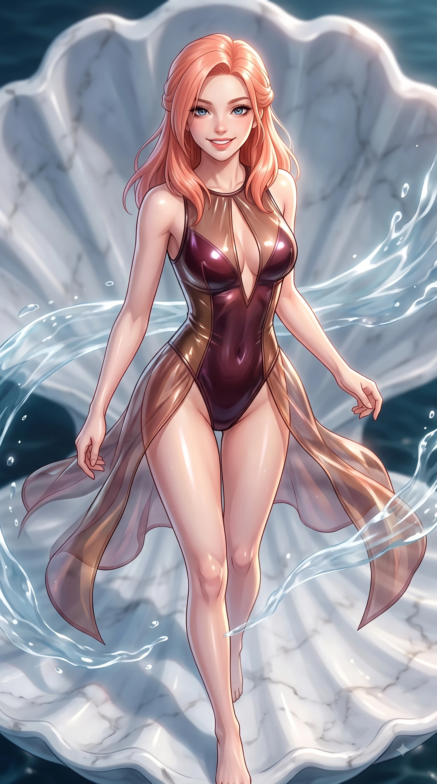score_9, masterpiece, best quality, ultra-detailed, high-budget anime keyframe, editorial fashion photography, tasteful artistic composition, Japanese woman. close-up cowboy shot from the waist and thighs up, the character dominates the composition, filling the frame with her large presence, background elements kept in soft focus. Gazing directly into the camera with a joyful, infectious smile as her torso curves dynamically in mid-stride while pivoting her torso in an S-curve alignment on a sunken white marble shell altar, gentle ocean currents swaying her lightweight aquatic attire in fluid joyful motions. She has an exceptionally elegant, slender, and willowy female figure with an ultra-slim waist, a gracefully sculpted slender torso, and a refined silhouette. sharp v-shaped jawline, high-bridge nose, intricate jewel-like eyes with depth, thick eyelashes, glossy lips with a natural sheen, flawlessly proportioned anatomical accuracy, natural body alignment, perfectly sculpted elegant limbs, clean dynamic posture without body distortion. wearing a high-cut translucent vinyl leotard with front paneling and open back in deep burgundy and bronze, woven from fine semi-opaque sheer organza, accented with a Tasteful chest slit framing her clavicle gracefully, the form-contouring material highlighting her ultra-slim waist and long lines. surrounded by a shimmering ocean aura with bright pearl-white specular rim lights. ultra-reflective glossy finish, specular highlights, metallic sheen, high-contrast stereoscopic depth, volumetric dynamic lighting, 2k, ultra detail, master piece, 9:16 ratio