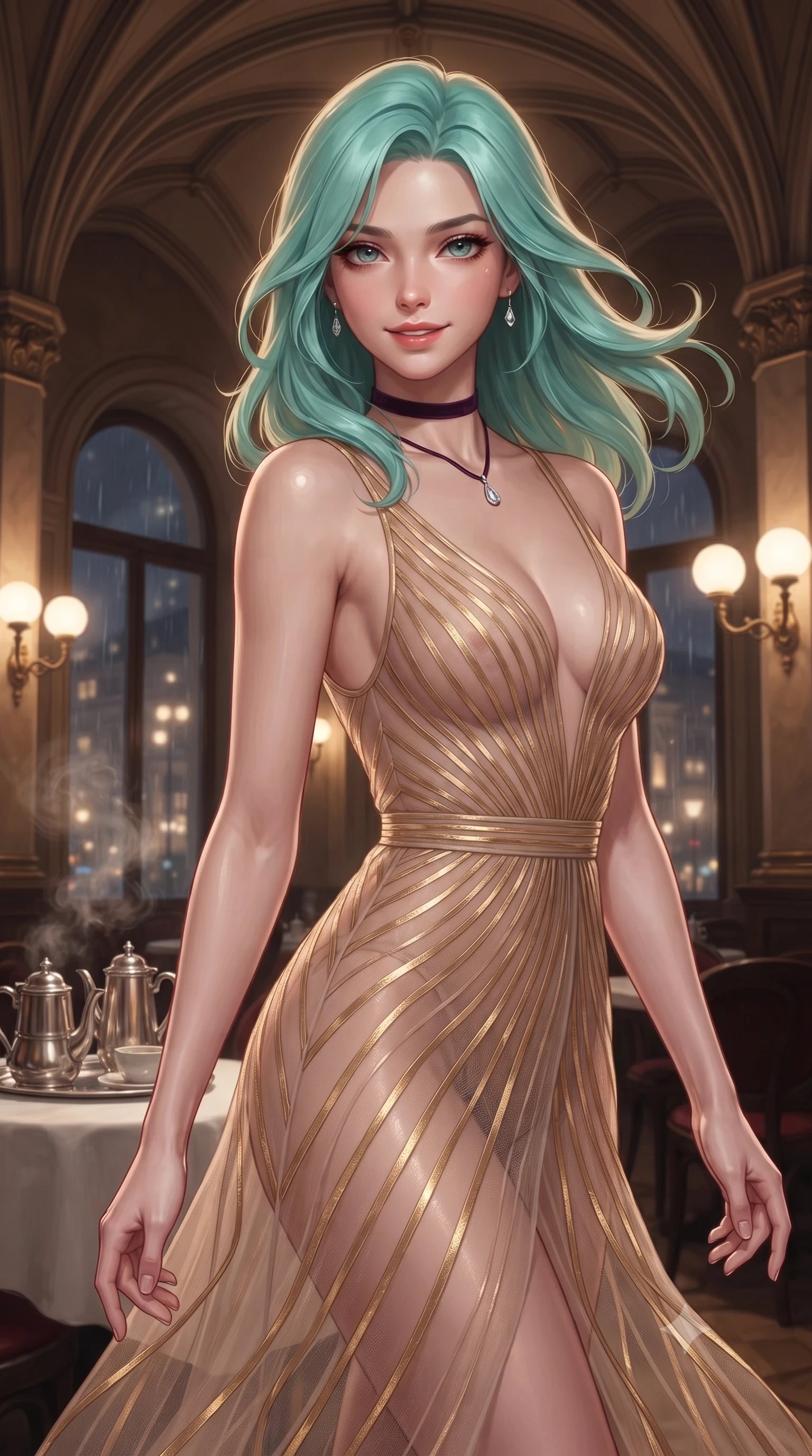 score_9, masterpiece, best quality, ultra-detailed, high-budget anime keyframe, editorial fashion photography, tasteful artistic composition, Japanese woman. close-up cowboy shot from the waist and thighs up, the character dominates the composition, filling the frame with her large presence. turning slowly with an enchanting smoldering smile, her glossy hair tossing in the breeze as her hips angle gracefully in a captivating contrapposto while standing poised beneath the soaring neo-Renaissance ribbed groin vaults, arching her lower back with sultry elegance as midnight rain taps against arched windows. The background shows a soft-focus gentle rising steam from silver coffee services softened in historic Viennese grand café shallow focus. She has an exceptionally elegant, slender, and willowy female figure with an ultra-slim waist, flat toned midriff, narrow ribcage, and sculpted feminine hips creating an alluring, slim hourglass silhouette without bulk. sharp v-shaped jawline, high-bridge nose, intricate jewel-like sparkling eyes with depth, thick eyelashes, glossy parted lips with a natural peach sheen, bright cheerful beaming smile with an enchanting and coquettish sensual glint, exuding both youthful cute charm and seductive allure, flawlessly proportioned anatomical accuracy, strict slender model proportions, natural body alignment, perfectly sculpted long slender limbs, ultra-slim waistline, clean dynamic posture without body distortion. wearing a plunge-front sheer illusion tulle slip dress with liquid gold ribbon stripes hugging her curves in Joshua Tree Mojave obsidian and starlight platinum, crafted from bespoke double-faced cashmere with an exceptionally soft tactile finish, finished with a thin velvet ribbon choker and a single teardrop diamond pendant, the glove-like clinging cut tightly following the natural contour of her hips and long slender legs with youthful 8.5-heads elegance. bathed in the warm, cozy 2400K illumination of milk-glass globes and brass reading sconces. ultra-reflective glossy finish, specular highlights, rich textural contrasts, high-contrast stereoscopic depth, volumetric dynamic lighting, 2k, ultra detail, master piece, 9:16 ratio