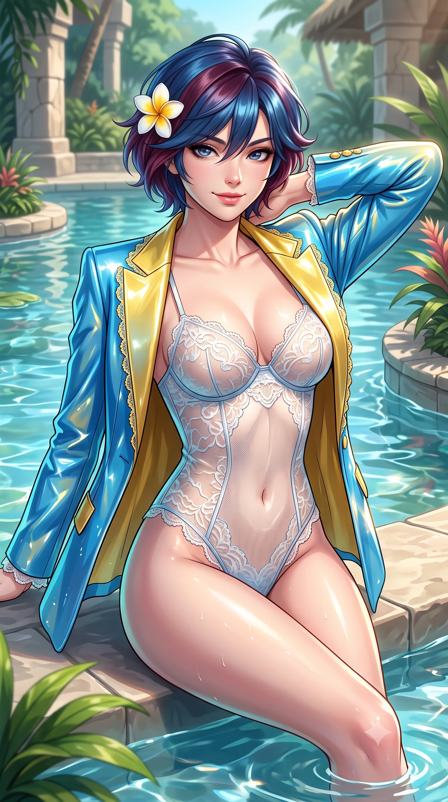 score_9, masterpiece, best quality, ultra-detailed, high-budget anime keyframe, semi-realistic 3D game render, editorial fashion photography, tasteful artistic composition, Korean woman. close-up cowboy shot from the waist and thighs up, the character dominates the composition, filling the frame with her large presence. resting both hands lightly behind her neck with elbows raised, arching her spine to highlight her narrow waist, flat midriff, and breathtaking collarbones while lounging in the shallow natural spring shelf propped on both hands, her statuesque 8.5-heads silhouette radiating breathtaking tropical sensuality. The surrounding environment is rendered in vivid detail and crisp panoramic clarity: detailed plunging cowl-neck liquid silk slip gown cling, frangipani flower tucked behind ear, and organic resort landscaping in high resolution. She has an exceptionally elegant, slender, and willowy female figure with an ultra-slim waist, flat toned midriff, narrow ribcage, and sculpted feminine hips creating an alluring, slim hourglass silhouette without bulk. sharp v-shaped jawline, high-bridge nose, sparkling eyes with hypnotic seductive depth, thick curled eyelashes, glossy parted lips with a natural dewy peach sheen, alluring bedroom-eyes with an enchanting coquettish smile, exuding magnetic siren charisma and sophisticated glamour, flawlessly proportioned anatomical accuracy, strict slender model proportions, natural body alignment, perfectly sculpted long slender limbs, ultra-slim waistline, clean dynamic posture without body distortion. wearing a delicate sheer French Chantilly lace teddy layered under an open tailored tuxedo blazer draped over bare shoulders in Amalfi azure blue and sunlit lemon gold, crafted from wet-look high-gloss vinyl fabric with dazzling specular surface reflections, finished with scalloped eyelash lace trim framing her sweetheart neckline with intimate elegance, the second-skin tailored fabric adhering flawlessly to her sculpted flat midriff and slender torso, emphasizing her long leg lines and perfectly proportioned willowy build. illuminated by spring water specular reflections and sharp platinum-turquoise rim lights sculpting her jawline, flat midriff, and curvy hips. highly saturated vibrant anime colors, detailed shading with soft gradients, rich glossy textures, high-contrast stereoscopic depth, volumetric dynamic lighting, master piece, 9:16 ratio