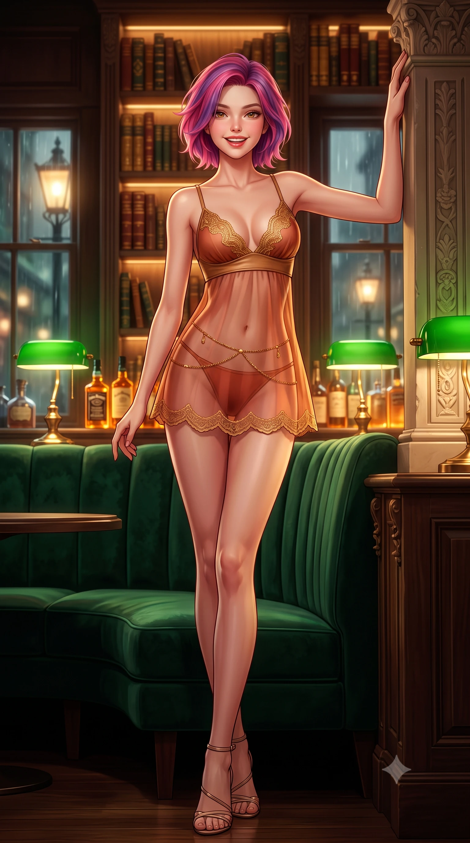 score_9, masterpiece, best quality, ultra-detailed, high-budget anime keyframe, semi-realistic 3D game render, editorial fashion photography, tasteful artistic composition, Caucasian woman. low angle full-body shot from head to toe showing her feet, filling the entire 9:16 vertical frame with her statuesque presence, stretching her vertical silhouette. standing tall beside the architectural column, one hand resting high while arching her lower back to emphasize her sculpted feminine hips and slender waist while reclining gracefully across the deep emerald velvet curved banquette propped on one elbow, displaying her long slender limbs and statuesque hourglass silhouette. The background shows a soft-focus leather-bound antique gilt books on soaring shelves, backlit amber liquor bottles, and rainy Mayfair streetlamps through sash windows blurred into emerald, amber, and mahogany bokeh. She has an exceptionally tall and slender model-like 8.5-heads proportion, an ultra-slim waist, a flat toned midriff, narrow delicate ribcage, and beautifully sculpted feminine hips creating a graceful, slim hourglass silhouette without any bulky heaviness, with impossibly long slender legs. sharp v-shaped jawline, high-bridge nose, intricate jewel-like sparkling eyes with depth, thick eyelashes, glossy parted lips with a natural peach sheen, bright cheerful beaming smile with an enchanting and coquettish sensual glint, exuding both youthful cute charm and seductive allure, flawlessly proportioned anatomical accuracy, strict slender model proportions, natural body alignment, perfectly sculpted long slender limbs, ultra-slim waistline, clean dynamic posture without body distortion. wearing an alluring semi-sheer silk organza babydoll slip with plunging gold-embroidered neckline and scalloped hem in Moroccan terracotta rose and desert sand amber, woven from buttery-soft stretch lambskin leather adhering to her body like a second skin, accented with a dainty gold belly chain resting across her flat midriff and curving hips, the second-skin tailored fabric adhering flawlessly to her sculpted flat midriff and slender torso, emphasizing her long leg lines and perfectly proportioned willowy build. bathed in the rich chiaroscuro 2400K incandescent warmth of green banker's lamps and concealed shelf downlights. highly saturated vibrant anime colors, detailed shading with soft gradients, rich glossy textures, high-contrast stereoscopic depth, volumetric dynamic lighting, master piece, 9:16 ratio