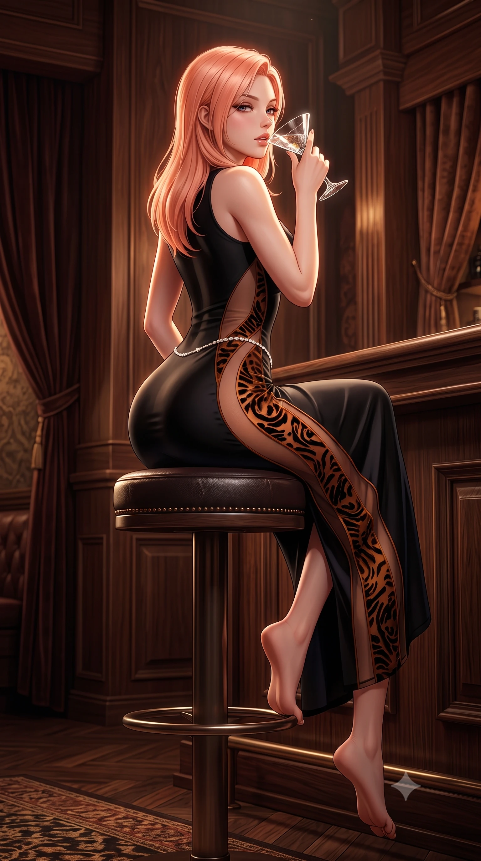 score_9, masterpiece, best quality, ultra-detailed, high-budget anime keyframe, semi-realistic 3D game render, editorial fashion photography, tasteful artistic composition, Japanese woman. low angle full-body shot from head to toe showing her feet, filling the entire 9:16 vertical frame with her statuesque presence, stretching her vertical silhouette. posing with back turned slightly to the lens, glancing back with smoldering allure as she arches her lower back to emphasize her sculpted feminine hips and slender waist while sitting high on a dark leather circular barstool with legs crossed, arching her lower back while holding a crystal cocktail glass to her parted lips. The surrounding environment is rendered in vivid detail and crisp panoramic clarity. intense atmospheric jazz-noir chiaroscuro and sophisticated speakeasy romance aesthetics in precision. She has an exceptionally tall and slender model-like 8.5-heads proportion, an ultra-slim waist, a flat toned midriff, narrow delicate ribcage, and beautifully sculpted feminine hips creating a graceful, slim hourglass silhouette without any bulky heaviness, with impossibly long slender legs. sharp v-shaped jawline, high-bridge nose, intricate jewel-like eyes with depth, thick eyelashes, glossy parted lips with a natural sheen, intensely captivating and seductive bedroom-eyes expression, flawlessly proportioned anatomical accuracy, strict slender model proportions, natural body alignment, perfectly sculpted long slender limbs, ultra-slim waistline, clean dynamic posture without body distortion. wearing a second-skin black silk jersey maxi dress with asymmetrical sheer mesh side panels tracing the full curve of her hip in rich copper bronze and warm amber, made of sheer contouring power-mesh with velvet flocking patterns, accented with a dainty diamond waist chain catching the ambient light reflections, the second-skin form-contouring cut accentuating her sculpted flat midriff, narrow delicate ribcage, and gracefully curvy hips with supermodel precision. illuminated by rich specular rim lights defining her razor-sharp jawline, narrow waist, and curvy hips. highly saturated vibrant anime colors, detailed shading with soft gradients, rich glossy textures, high-contrast stereoscopic depth, volumetric dynamic lighting, master piece, 9:16 ratio