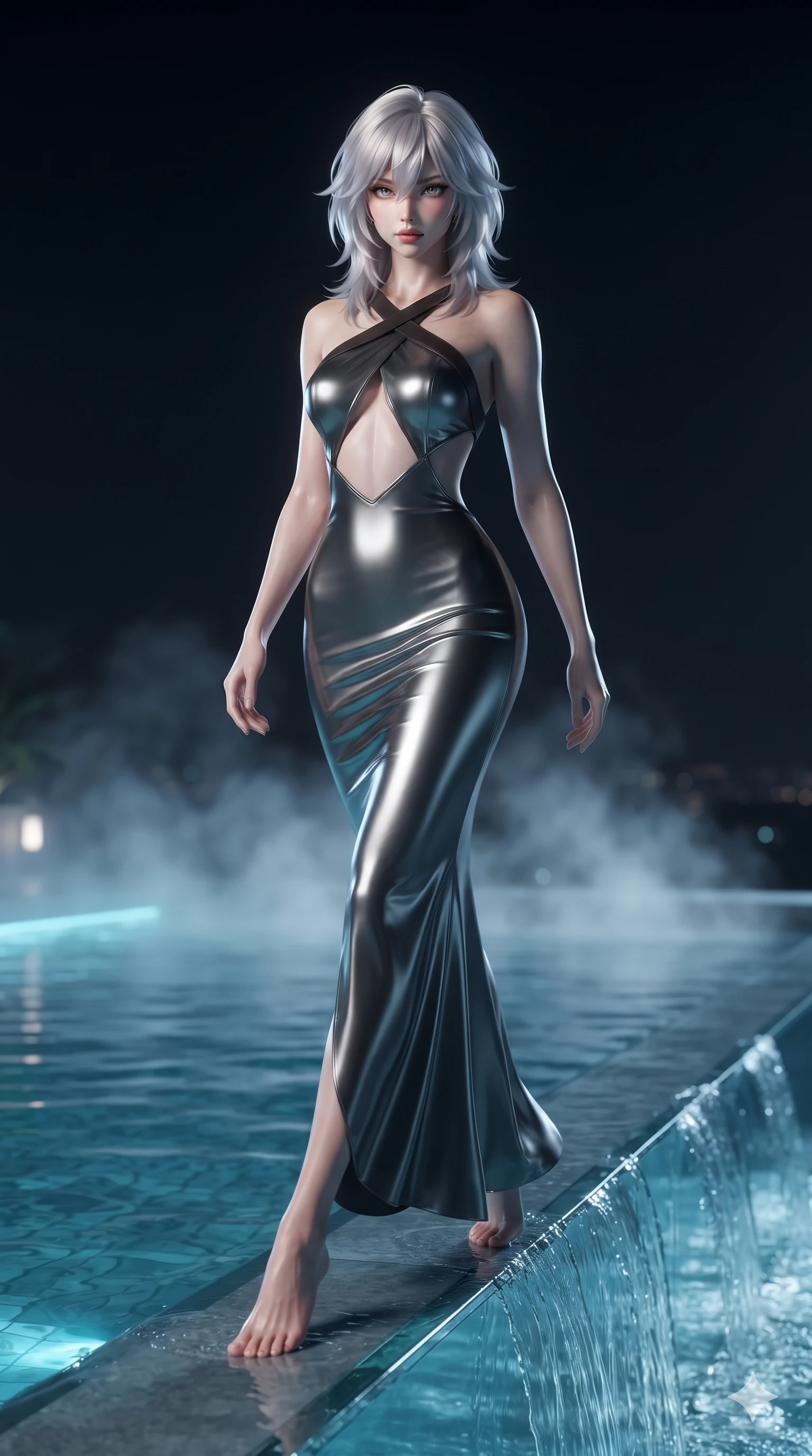 score_9, masterpiece, best quality, ultra-detailed, high-budget anime keyframe, editorial fashion photography, tasteful artistic composition, Japanese woman. low angle full-body shot from head to toe showing her feet, filling the entire 9:16 vertical frame with her statuesque presence, stretching her vertical silhouette. stepping forward in a confident stride, her long slender legs and curvaceous hips creating a dynamic, sweeping vertical line while standing poised at the outer edge of the transparent glass pool, arching her lower back with sovereign supermodel grace as water spills into the night air. The background shows a soft-focus fine pool spray haze softened in cantilevered glass pool shallow focus. She has an exceptionally tall and slender model-like 8.5-heads proportion, an ultra-slim waist, a flat toned midriff, narrow delicate ribcage, and beautifully sculpted feminine hips creating a graceful, slim hourglass silhouette without any bulky heaviness, with impossibly long slender legs. sharp v-shaped jawline, high-bridge nose, intricate jewel-like sparkling eyes with depth, thick eyelashes, glossy parted lips with a natural sheen, intensely captivating and seductive bedroom-eyes expression, exuding both youthful cute charm and sovereign luxury allure, flawlessly proportioned anatomical accuracy, strict slender model proportions, natural body alignment, perfectly sculpted long slender limbs, ultra-slim waistline, clean dynamic posture without body distortion. wearing a sculptured liquid-satin mermaid gown with an architectural open-waist cutout and bare spine in charcoal grey and polished chrome, crafted from luxurious metallic lamé that shifts radiance with every step, featuring an open-back criss-cross harness strap in dark leather, the impeccably tailored cut draping gracefully along her slender figure with aristocratic poise. illuminated by glass floor bounce and sharp turquoise-platinum rim lights defining her razor-sharp jawline, narrow waist, and curvy hips. ultra-reflective glossy finish, specular highlights, rich textural contrasts, high-contrast stereoscopic depth, volumetric dynamic lighting, 2k, ultra detail, master piece, 9:16 ratio