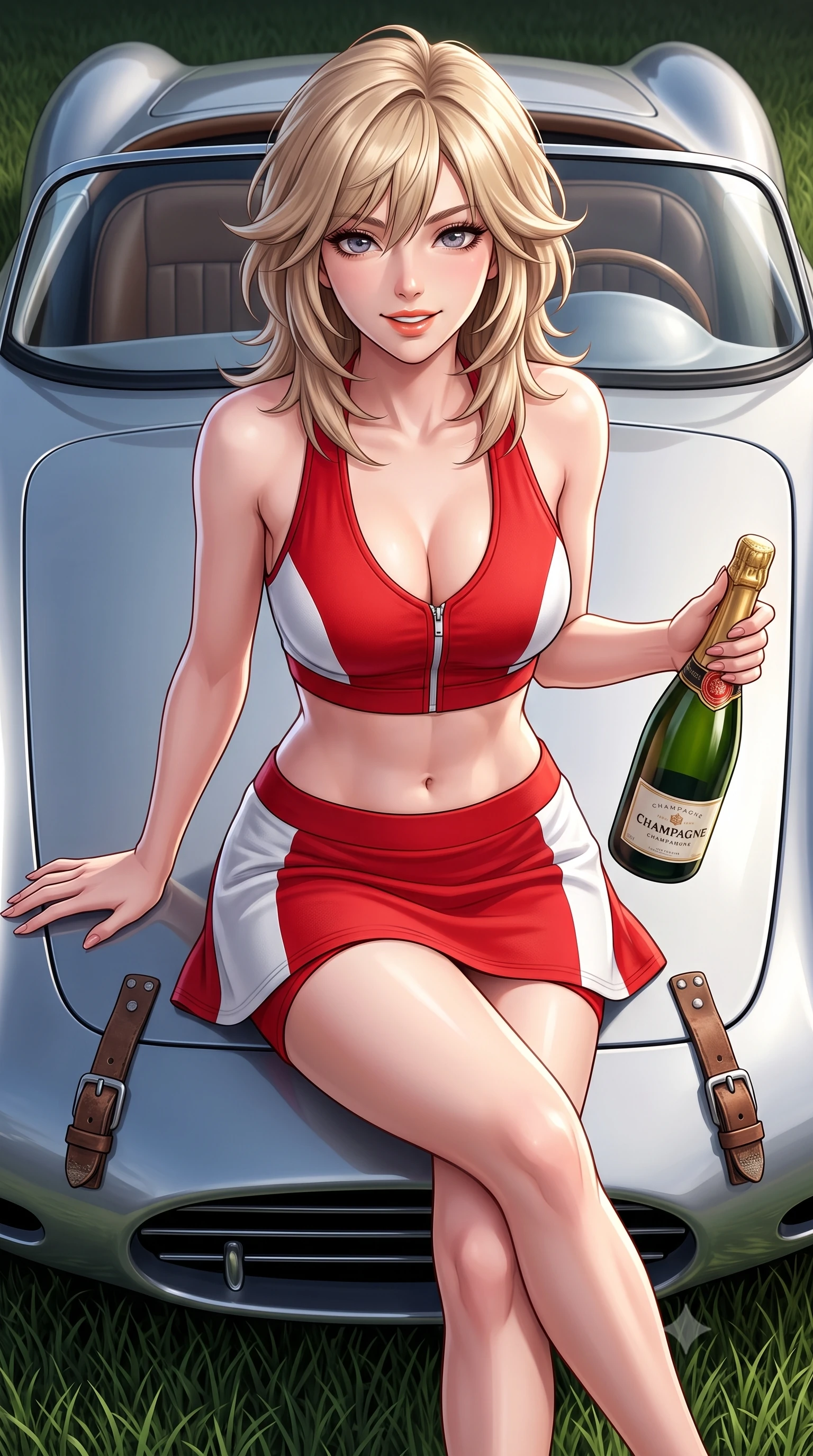 score_9, masterpiece, best quality, ultra-detailed, high-budget anime keyframe, semi-realistic 3D game render, editorial fashion photography, tasteful artistic composition, Japanese woman. close-up cowboy shot from the waist and thighs up, the character dominates the composition, filling the frame with her large presence. resting both hands lightly behind her back while leaning toward the lens with a cheerful, teasing grin, her form-fitting athletic suit hugging her narrow waist and hip curve while sitting perched on the speedster's low rear deck with legs crossed, holding a bottle of chilled champagne with vintage Riviera glamour. The surrounding environment is rendered in vivid detail and crisp panoramic clarity: sharp speedster curved aluminum body lines, leather bonnet strap buckles, and lawn grass blade clarity in deep focus. She has an exceptionally elegant, slender, and willowy female figure with an ultra-slim waist, flat toned midriff, narrow ribcage, and sculpted feminine hips creating an alluring, slim hourglass silhouette without bulk. sharp v-shaped jawline, high-bridge nose, sparkling eyes with athletic focus and depth, thick curled eyelashes, glossy parted lips with a natural coral-peach sheen, bright confident and coquettish smile with alluring bedroom-eyes, exuding both youthful sporty vigor and sovereign high-society glamour, flawlessly proportioned anatomical accuracy, strict slender model proportions, natural body alignment, perfectly sculpted long slender limbs, ultra-slim waistline, clean dynamic posture without body distortion. wearing a modern two-piece athletic set featuring a zip-front halter sports crop top and curve-hugging tennis skirt with built-in compression shorts in Scuderia racing red and pure alabaster white, tailored from ultra-soft fine cashmere yarn with an airy athletic drape, finished with criss-cross back athletic straps highlighting her graceful shoulder blades, the form-fitting tailored bodice adhering flawlessly to her sculpted flat midriff and slender torso, emphasizing her long leg lines and perfectly proportioned willowy build. illuminated by polished car aluminum bounce and sharp platinum rim lights defining her razor-sharp jawline, narrow waist, and curvy hips. highly saturated vibrant anime colors, detailed shading with soft gradients, rich glossy textures, high-contrast stereoscopic depth, volumetric dynamic lighting, master piece, 9:16 ratio